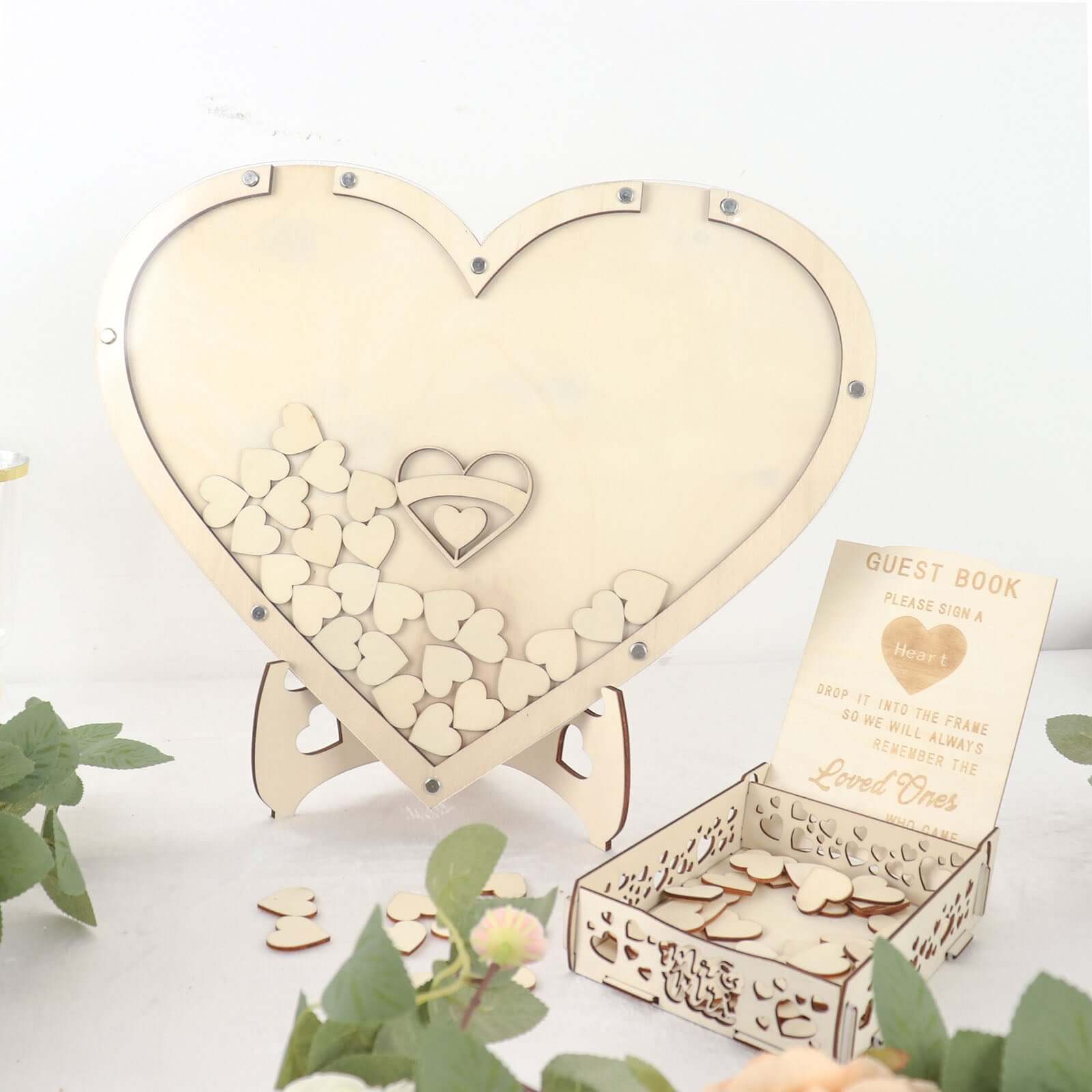 13 Wooden Heart Drop Top Frame Wedding Guest Book Alternative, Rustic Sign Display Stand
