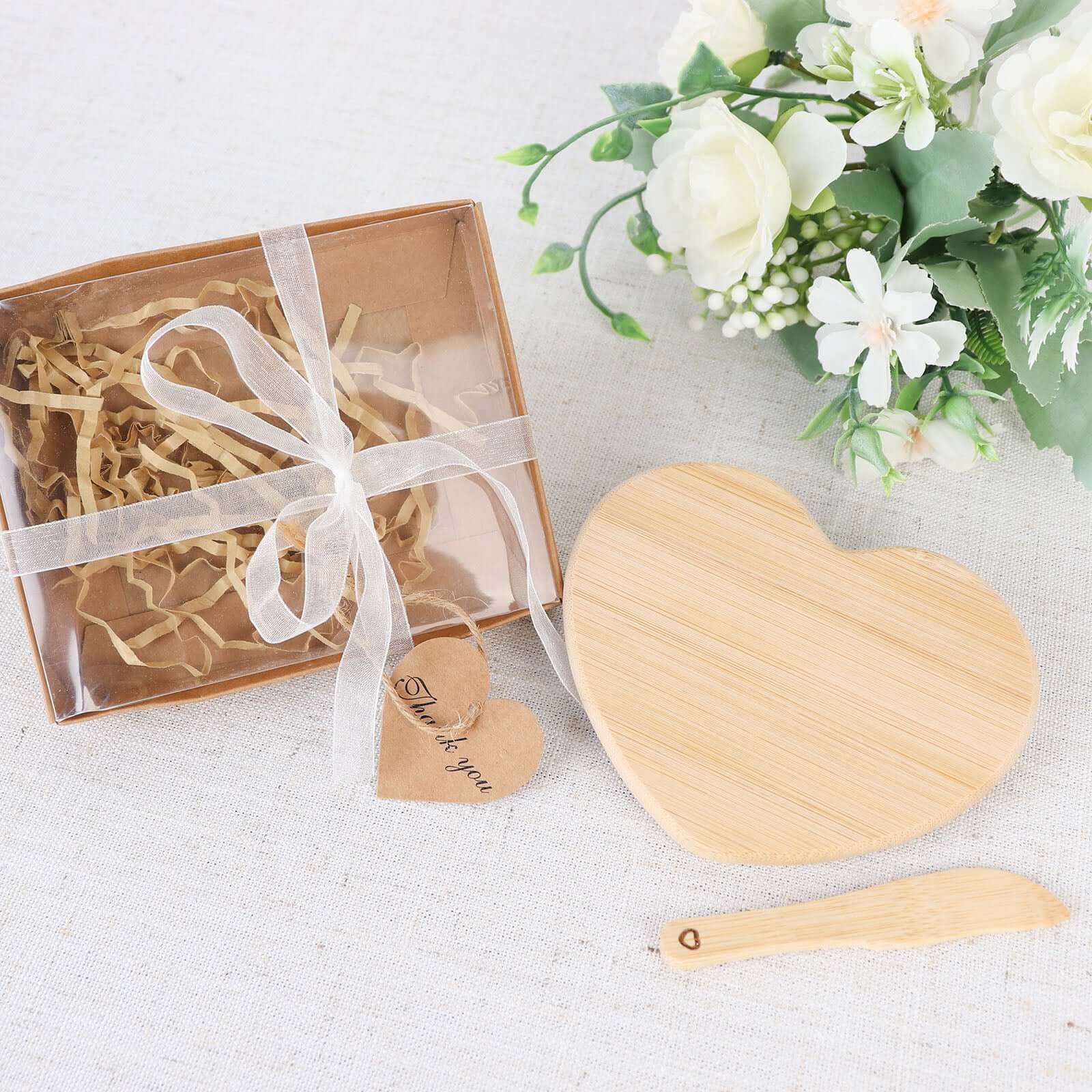 Heart Shaped Bamboo Brie Cheese Board and Knife Set Party Favor with Clear Gift Box, Ribbon & Thank You Tag