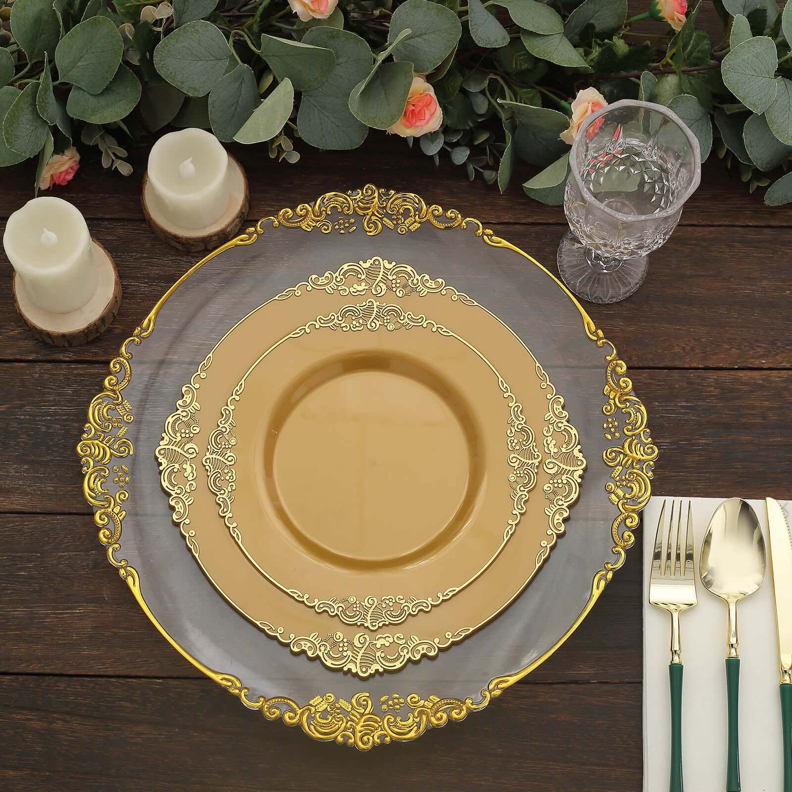 10-Pack Plastic 10 Round Dinner Plates in Gold with Leaf Embossed Rim - Disposable Vintage Baroque Style Plates for Luxurious Gatherings & Events