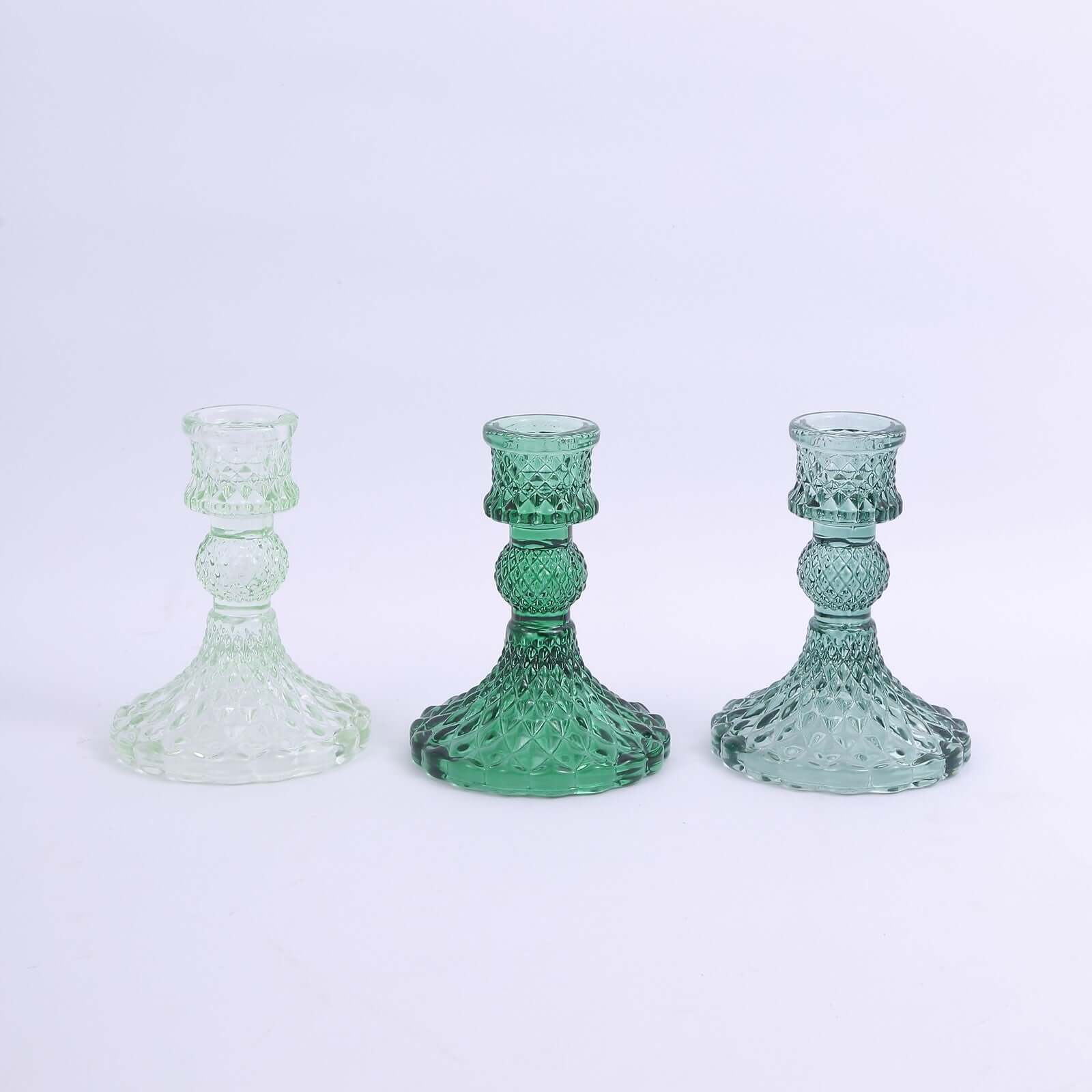 6-Pack Glass Taper Candlestick Holders Diamond Pattern Design Assorted Green - Reversible Crystal Pillar Votive Stands 4