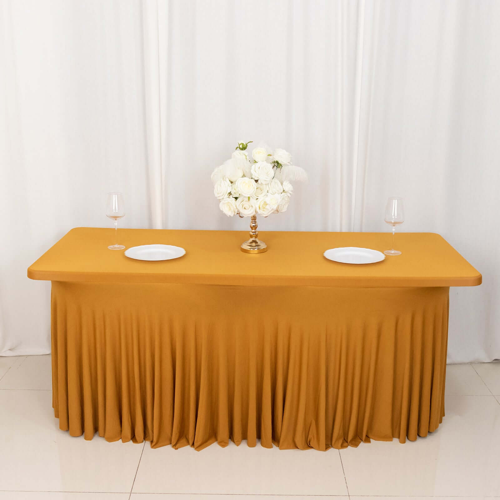 Spandex Rectangle 72x30 Table Skirt Gold with Wavy Skirt-Like Effect Stylish Table Cover for Weddings, Banquets & Trade Shows