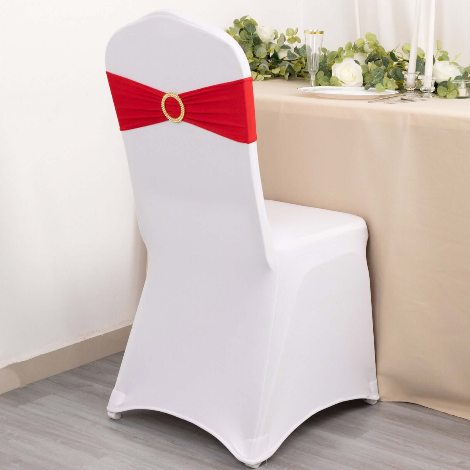 5 Pack Spandex Chair Sashes Red with Gold Rhinestone Buckles - Reusable Four-Way Stretch Sash Bands 5x14