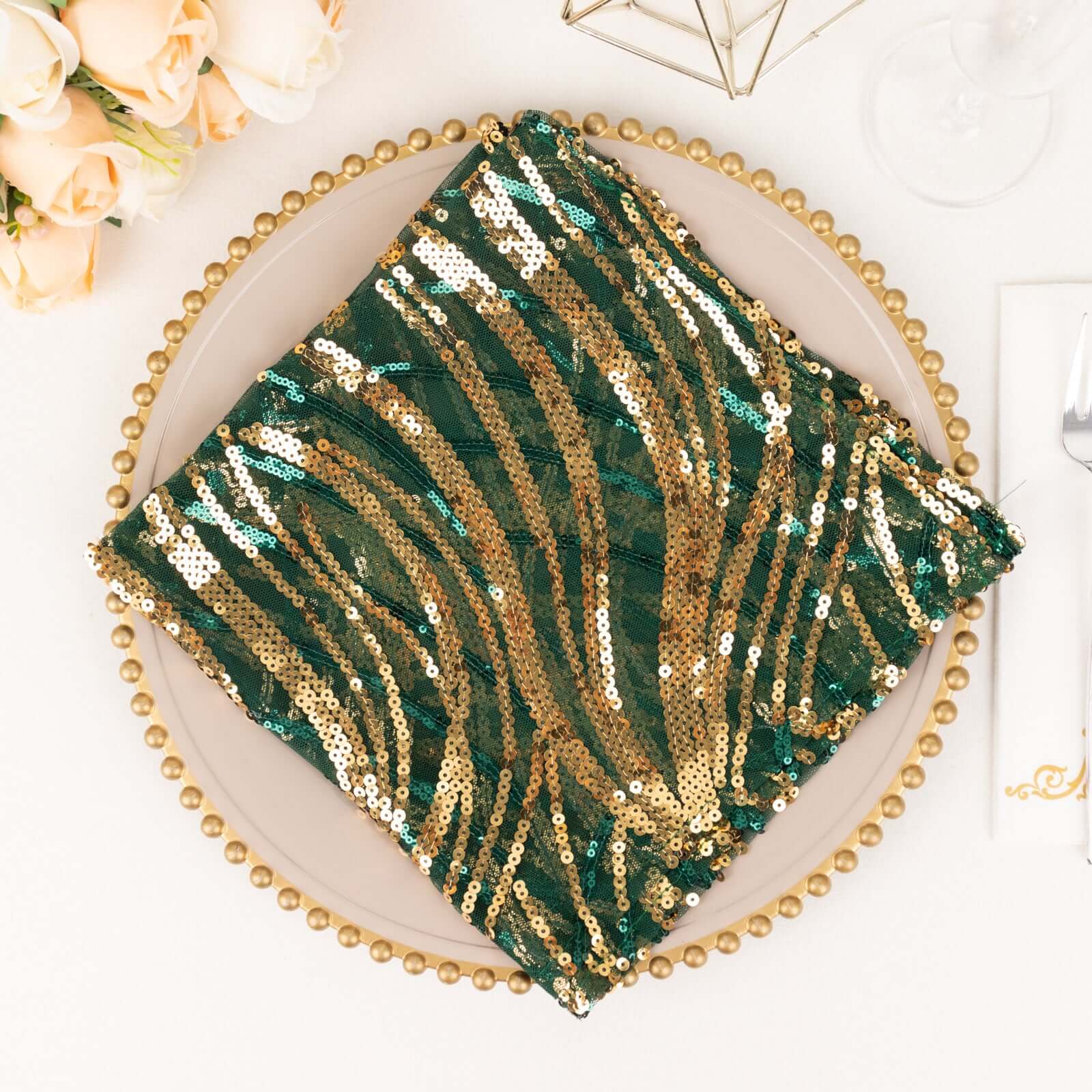 Sequin Mesh 20x20 Napkin Hunter Emerald Green Gold - Wave Embroidered Reusable Napkin