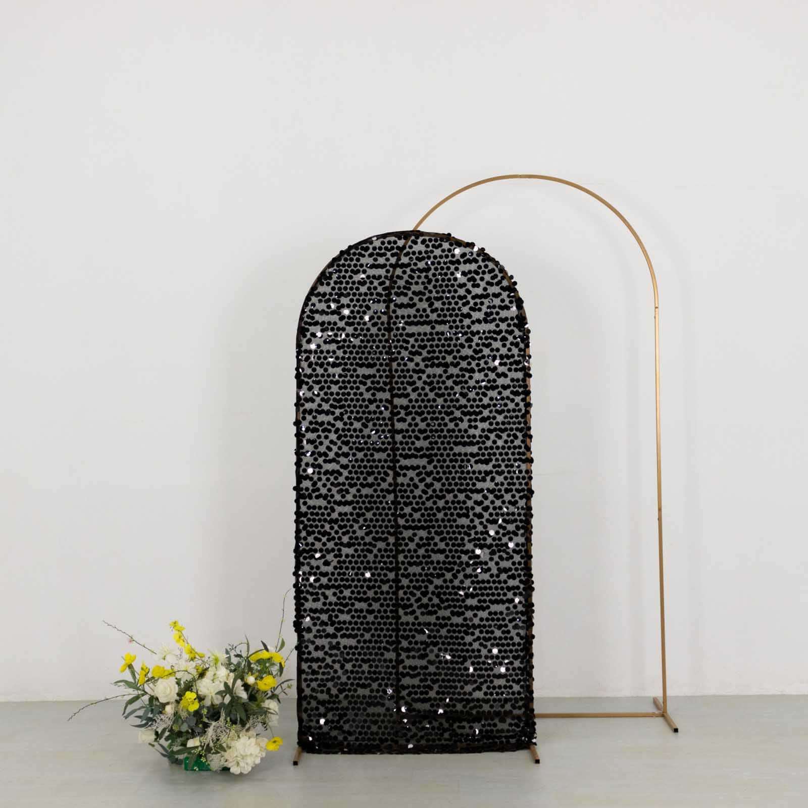 6ft Sparkly Black Big Payette Sequin Fitted Wedding Arch Cover for Round Top Chiara Backdrop Stand