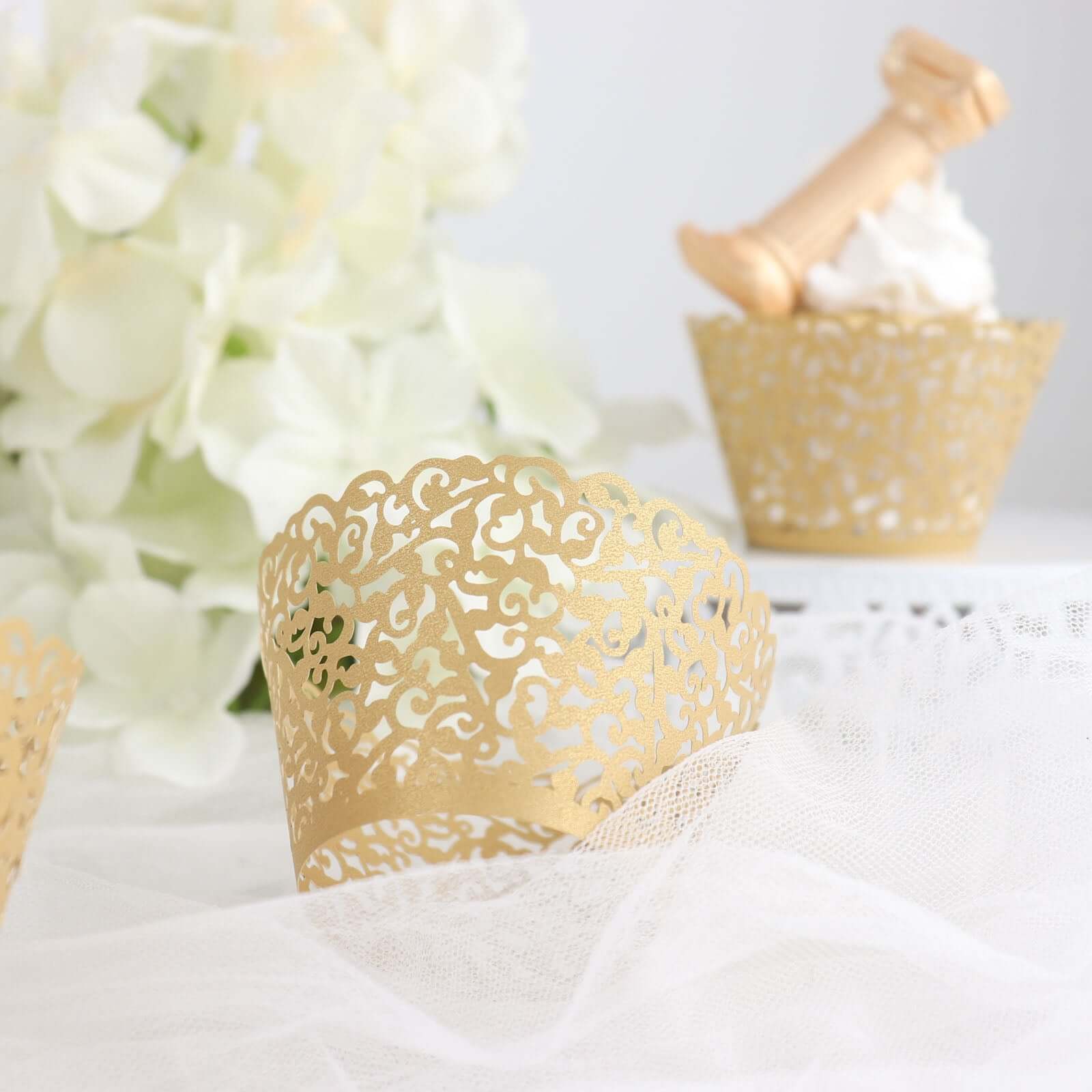 25-Pack Paper Cupcake Wrappers Lace Laser Cut Design Gold - Muffin Baking Cup Trays for Events