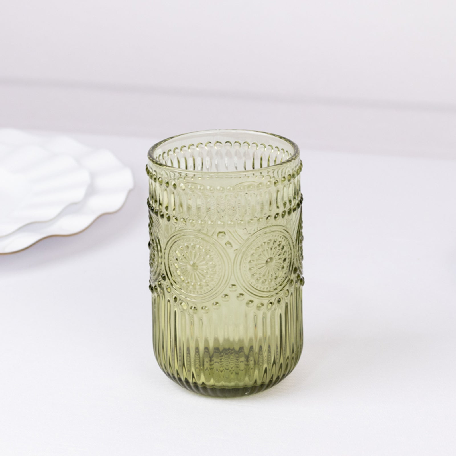 6-Pack Glass Tumblers Dusty Sage Green Vintage Embossed Design with Textured Floral Pattern - Highball Glasses for Drinks & Parties 14oz
