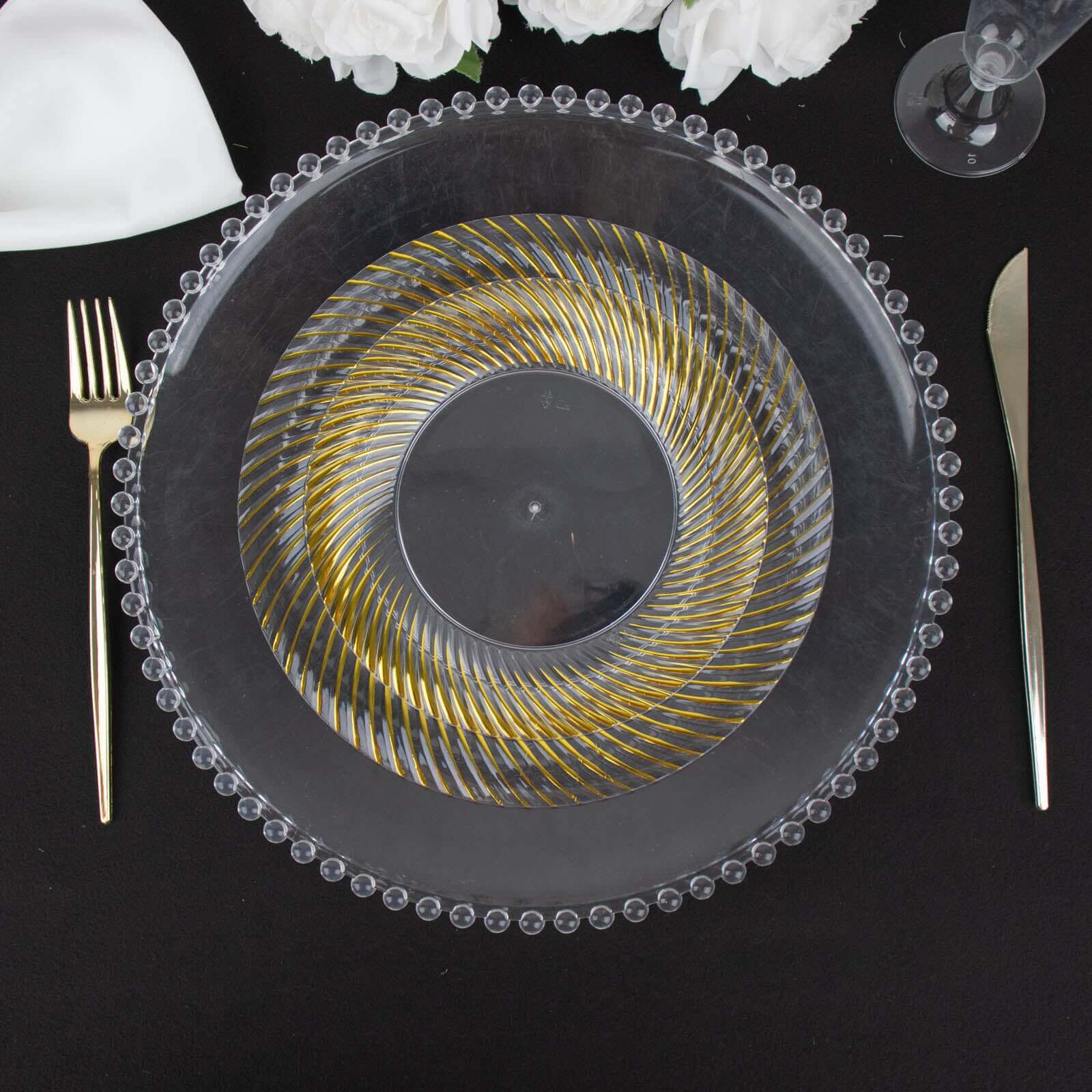 10-Pack Plastic 9 Round Dinner Plates Clear with Gold Swirl Rim - Disposable Party Plates for Classy Events & Banquets