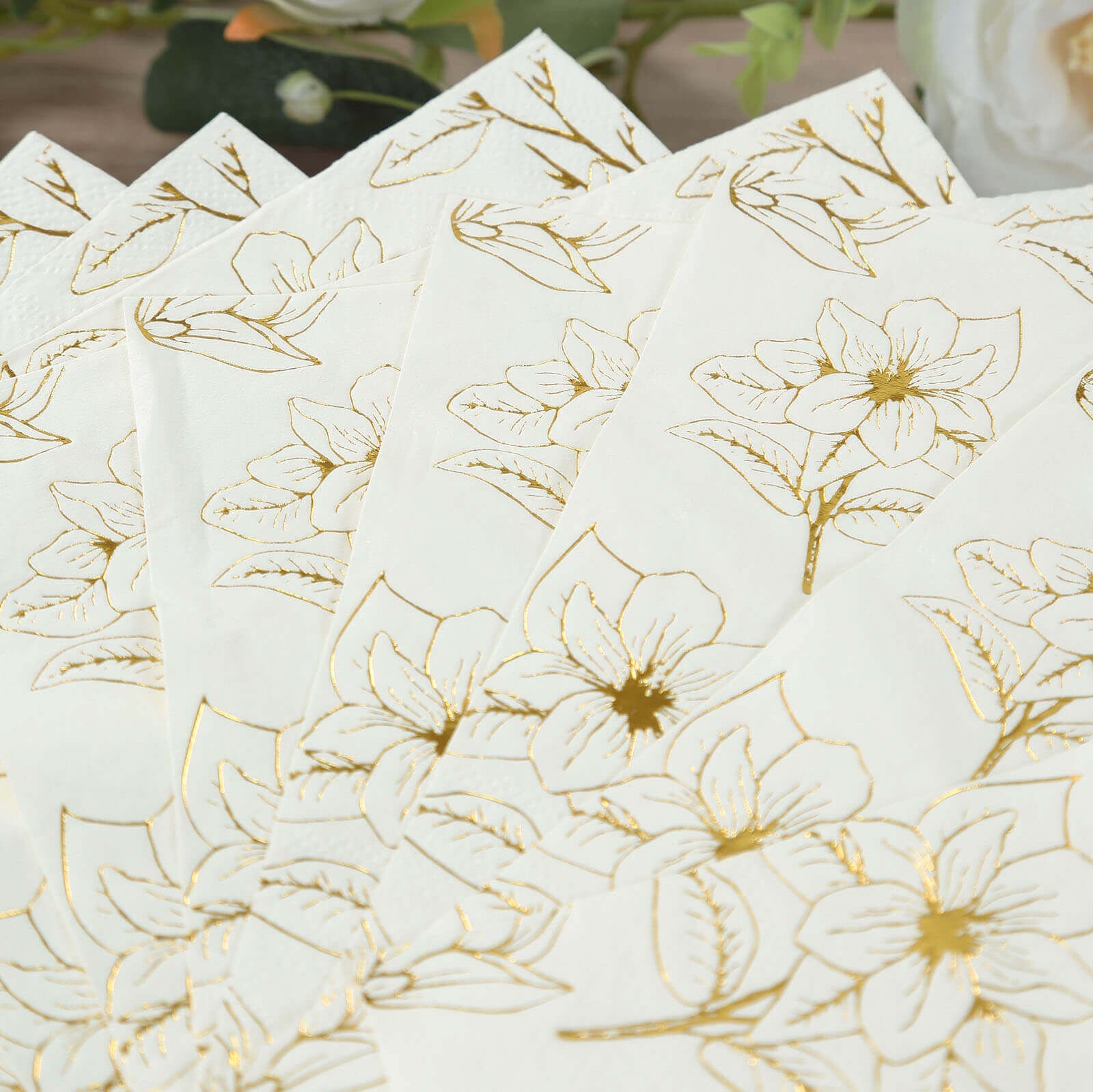 50-Pack Paper Cocktail Napkins with Gold Magnolia Flowers Print White - Highly 2 Ply Absorbent Soft Napkins for Beverages
