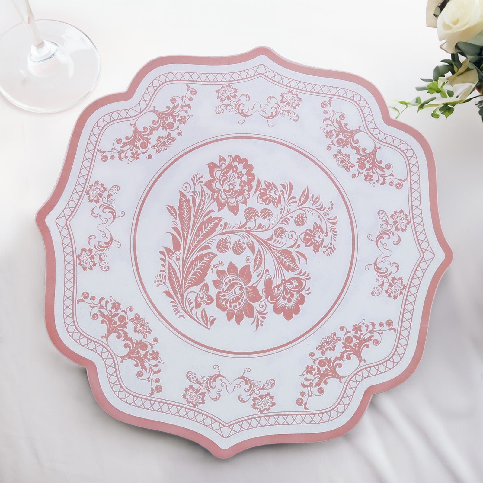 10-Pack Disposable Table Placemats 13 Round Placemats in White with Pink French Toile Pattern & Scalloped Rim - 400GSM Cardboard Placemats for Stylish Table Setting