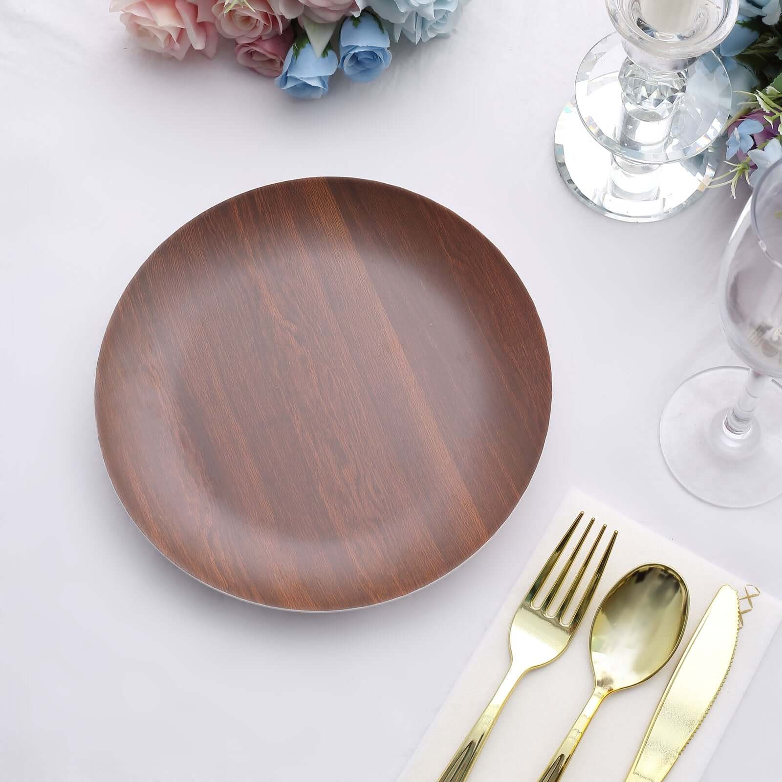 Pack of 6 Melamine 8 Round Dessert Plates in Brown Wood Grain Print - Disposable Shatterproof Appetizer Salad Plates for Rustic Farmhouse-Inspired Table Decor