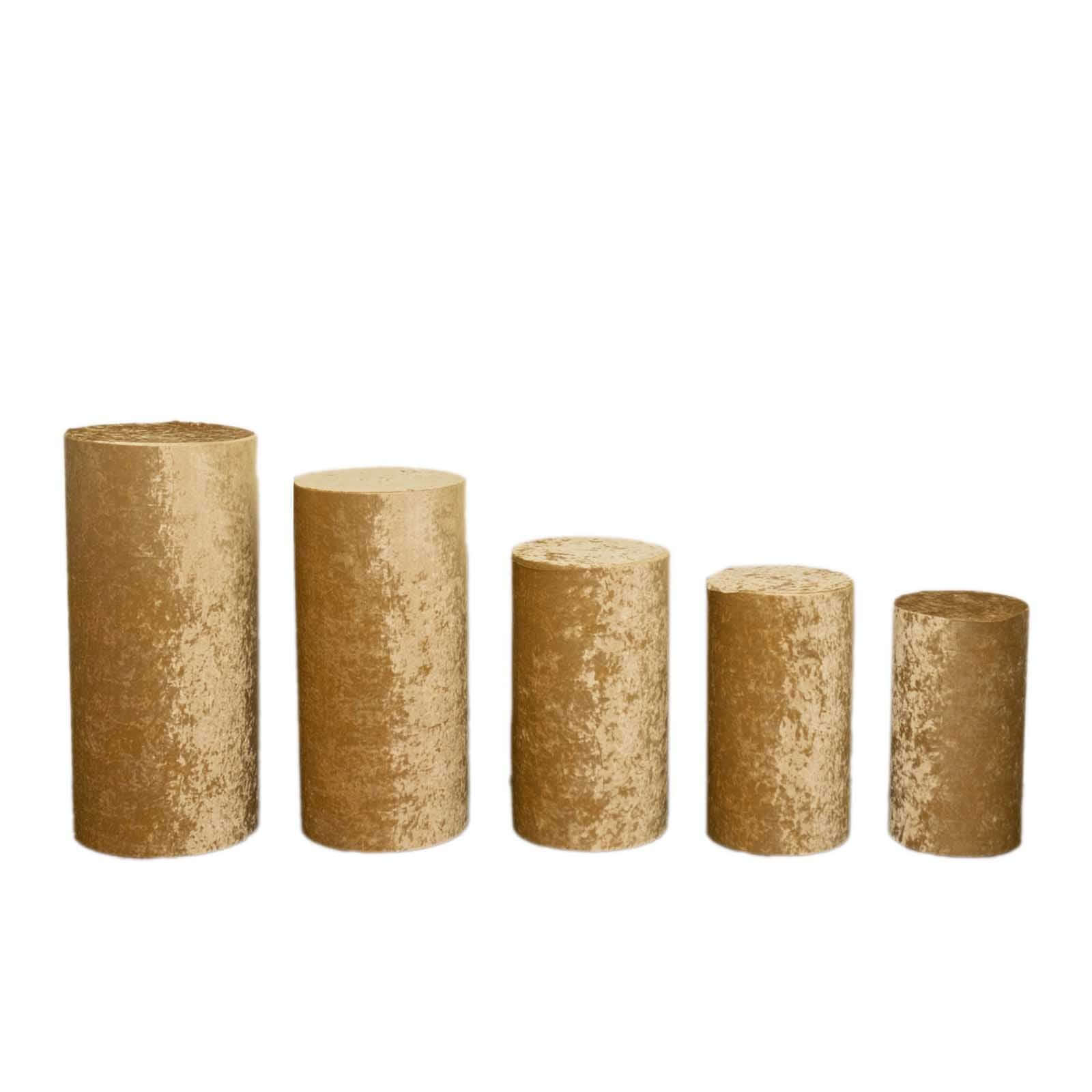 Set of 5 Champagne Crushed Velvet Cylinder Pedestal Stand Covers, Premium Pillar Prop Covers