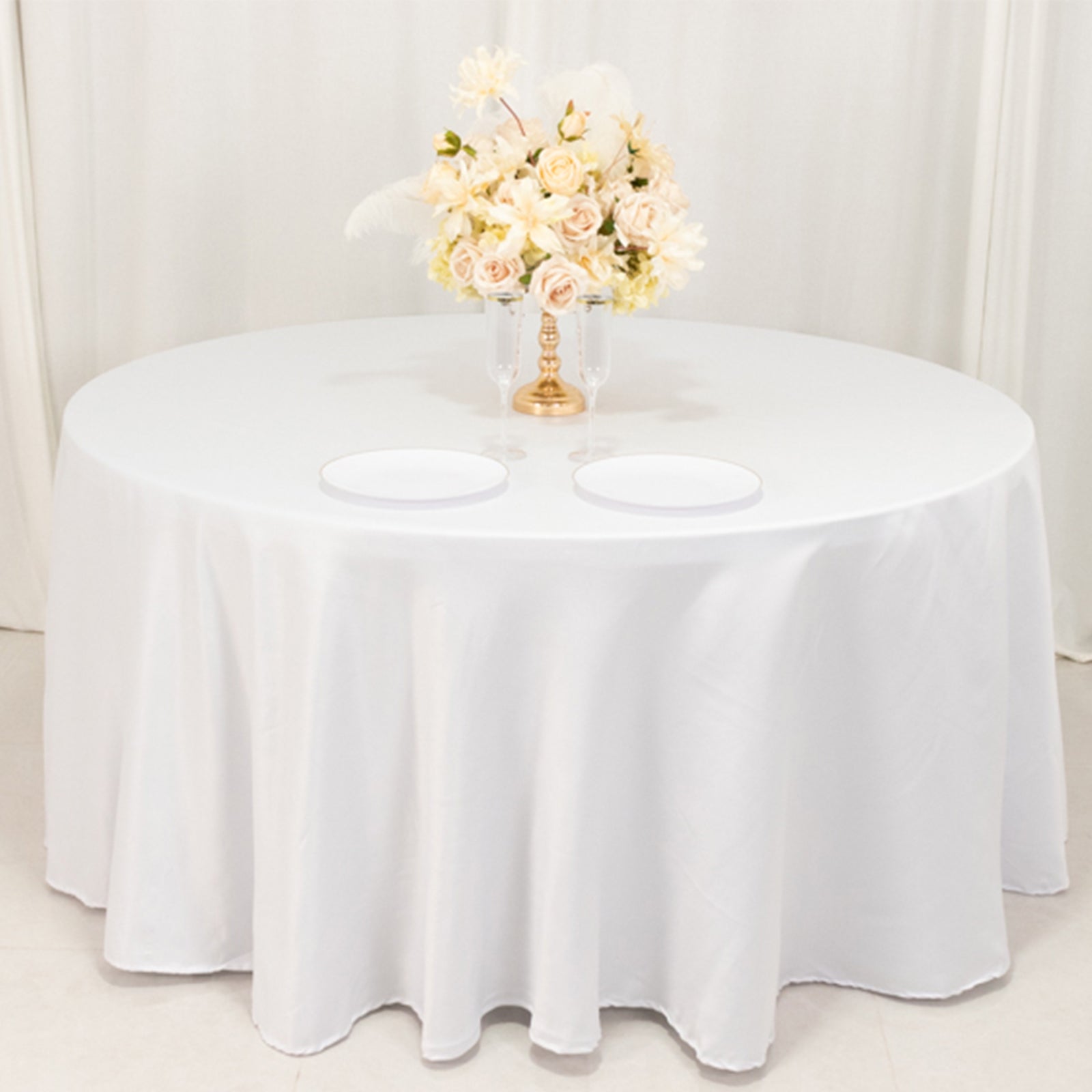 Lamour Satin 120 Round Tablecloth White - Seamless Table Cover with Soft Tempered Sheen for Upscale Gatherings