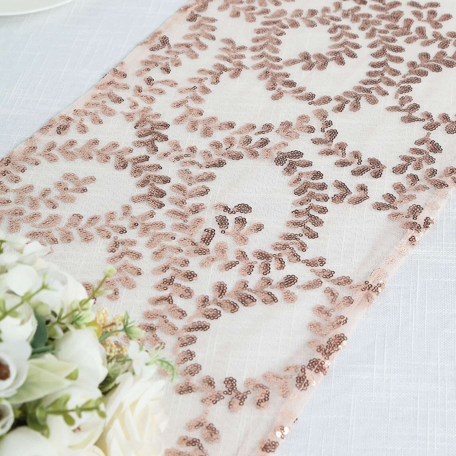 Mesh 12x108 Table Runner Rose Gold - Leaf Vine Embroidery