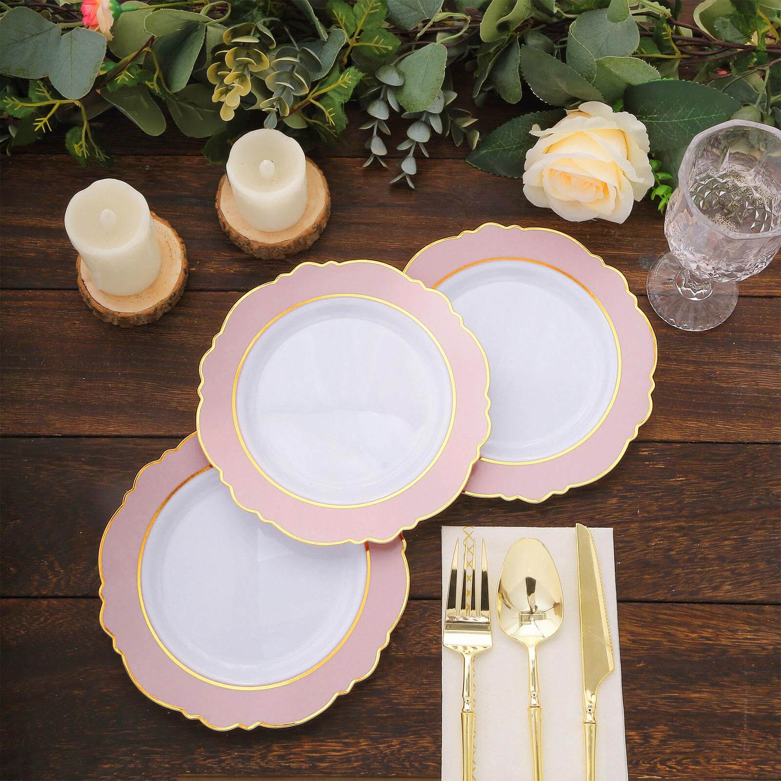 10-Pack Plastic 8 Round Dessert Plates in White with Blush Blossom Design & Gold Edging - Disposable Salad Appetizer Plates