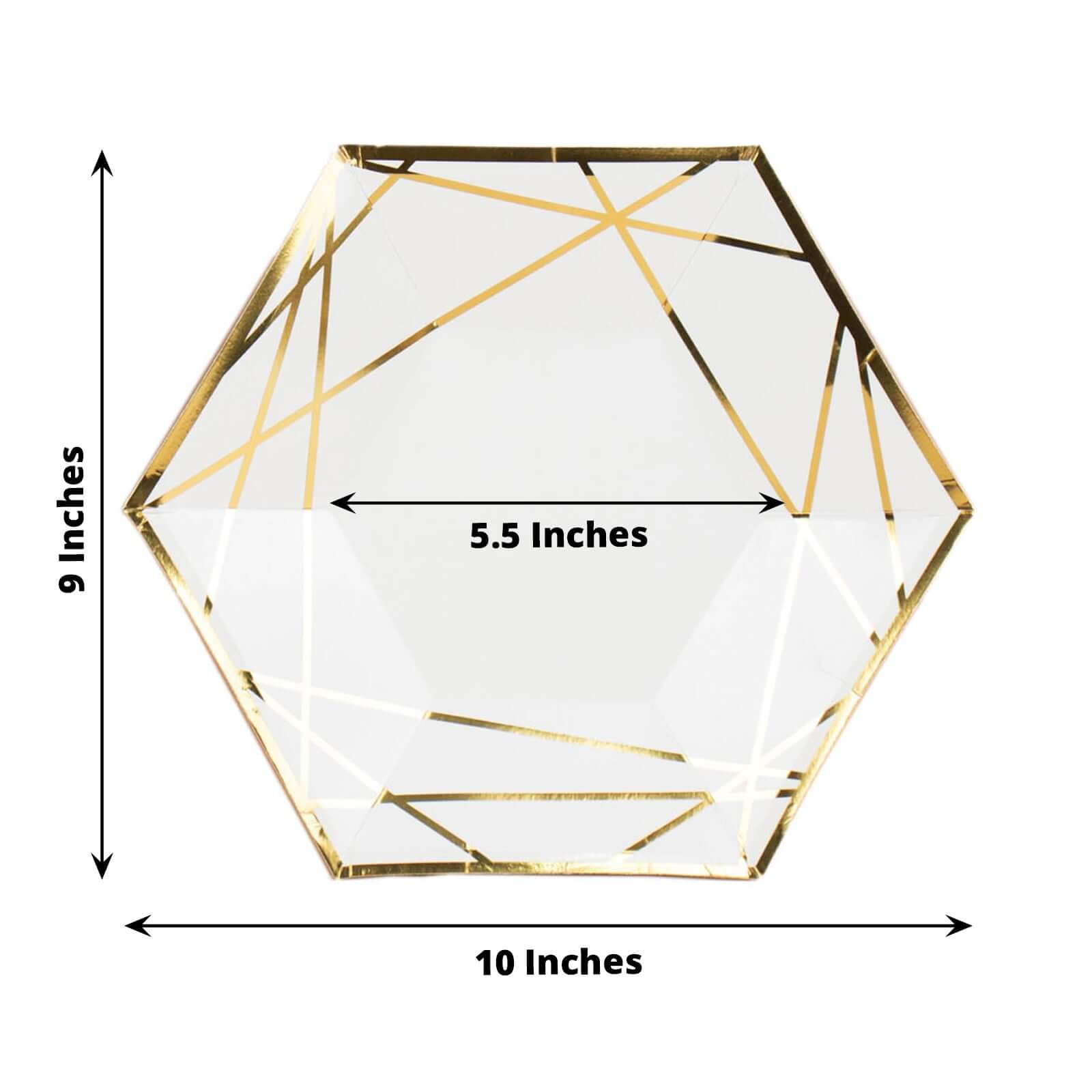 25-Pack Paper 9 Hexagon Dinner Plates in White with Gold Geometric Lines & Rim - Stylish Disposable Geometric 300GSM Party Plates for Events & Banquets