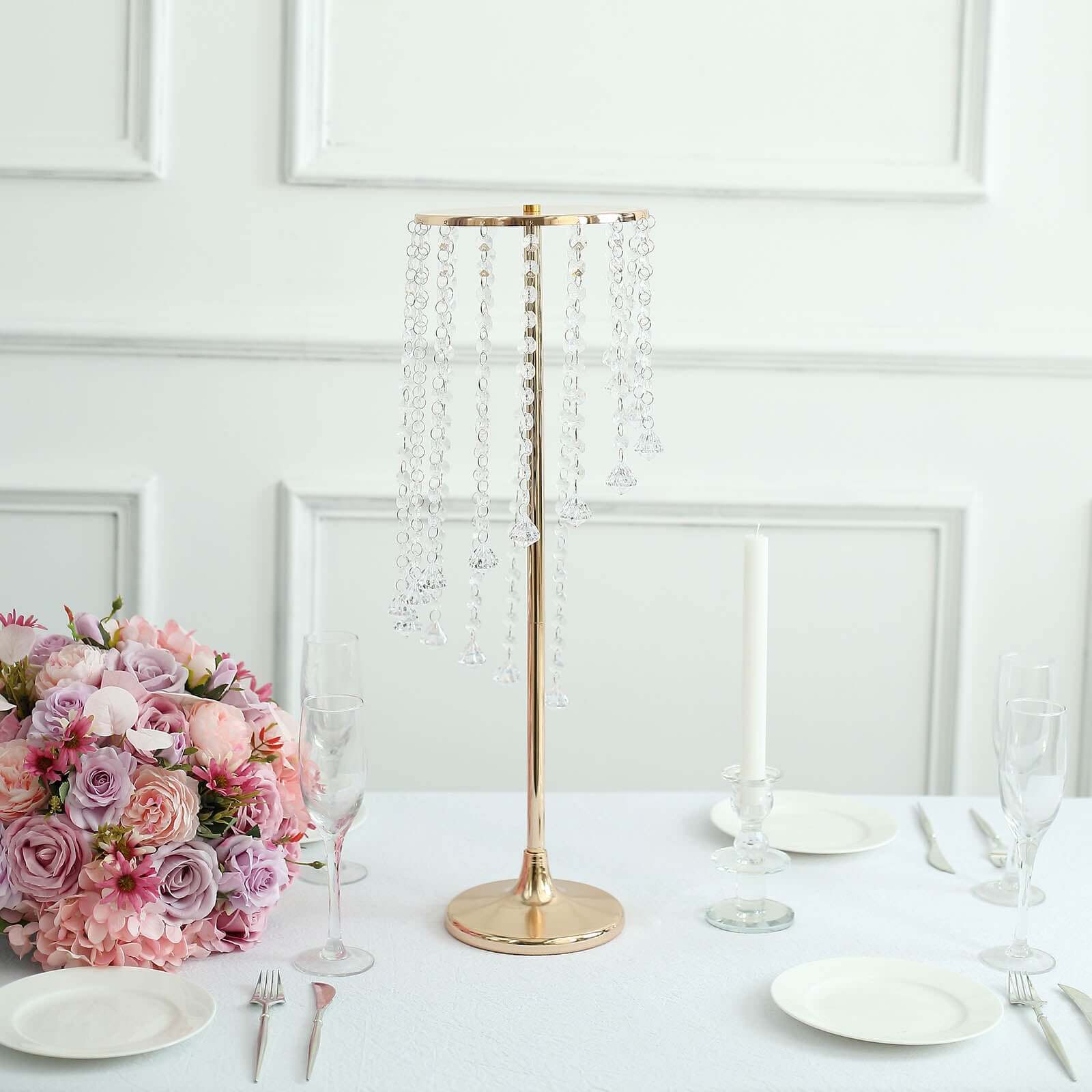 2-Pack Metal Flower Stand Gold with Spiral Hanging Beads - Crystal Pedestal Table Wedding Centerpiece 24