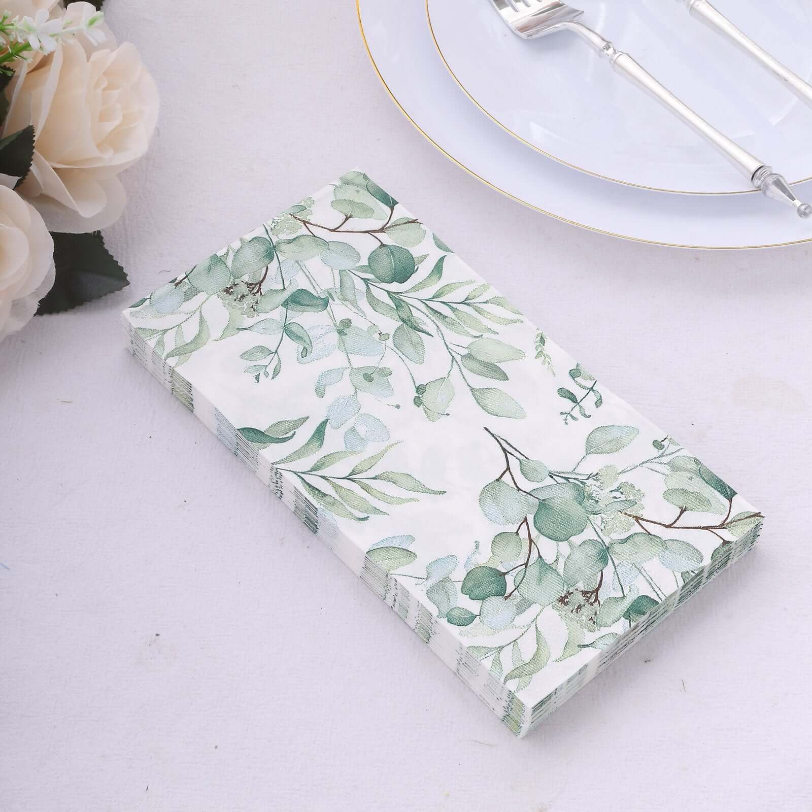 20-Pack Paper Dinner Napkins Green with Eucalyptus Leaf Print 2 Ply - Stylish Boho Napkins for Events