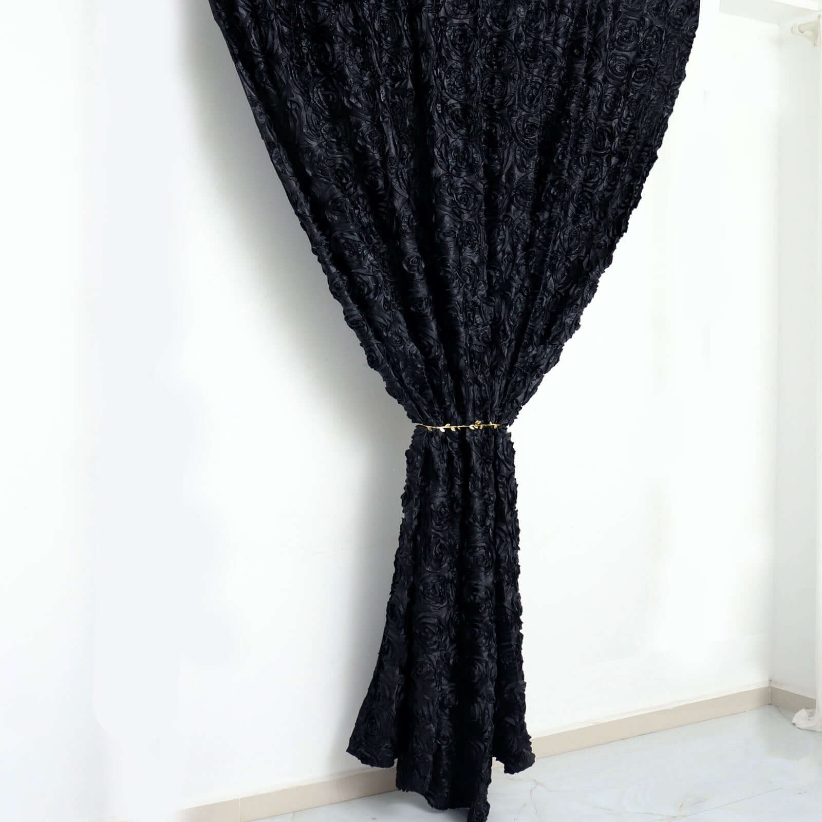 8ftx8ft Black Satin Rosette Event Curtain Drapes, Backdrop Event Panel