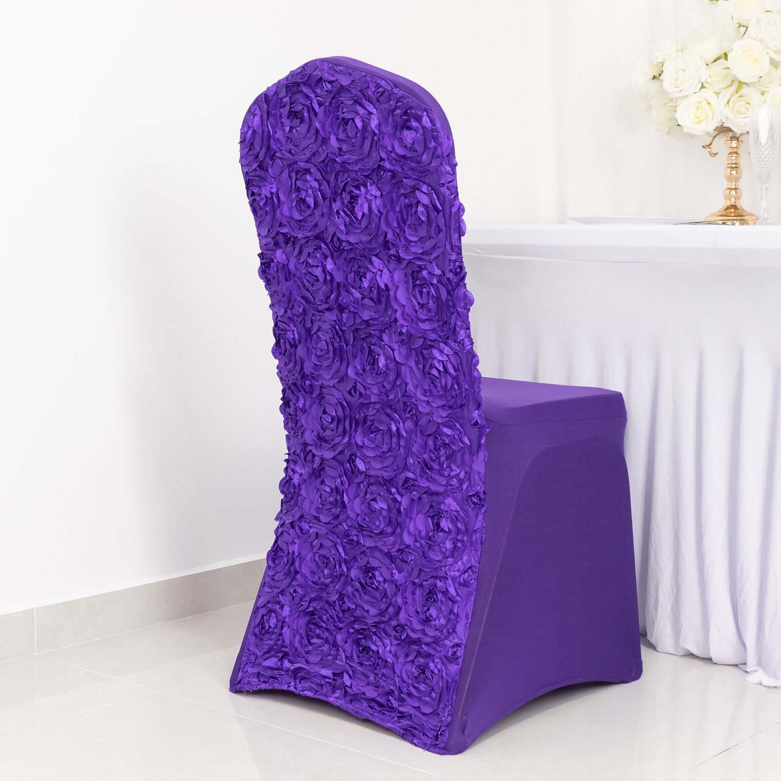 Satin Rosette Chair Cover for Banquet Chairs Purple - Stretch Fitted Slip-On Slipcover