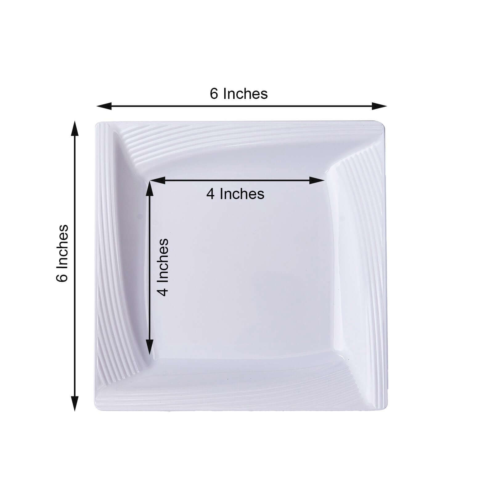 10-Pack Plastic 6 Square Dessert Plates in White with Geometric Ridge Trim - Disposable Appetizer Salad Plates for Stylish Gatherings & Celebrations