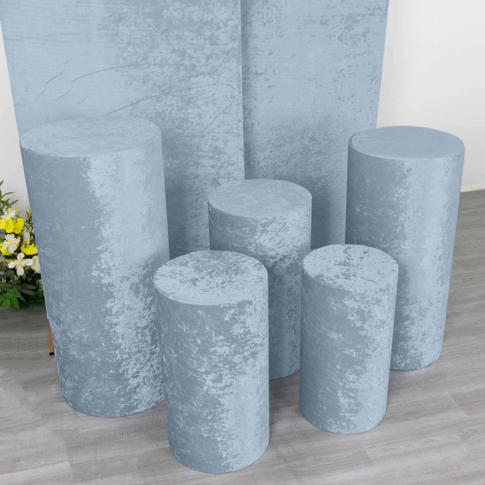 Set of 5 Dusty Blue Crushed Velvet Cylinder Pedestal Stand Covers, Premium Pillar Prop Covers