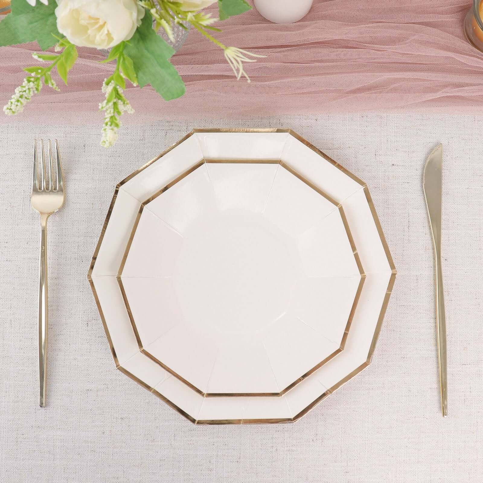 25-Pack Paper 9 Decagon Dinner Plates in White with Gold Foil Rim - Disposable Geometric Party Plates for Modern Weddings & Events