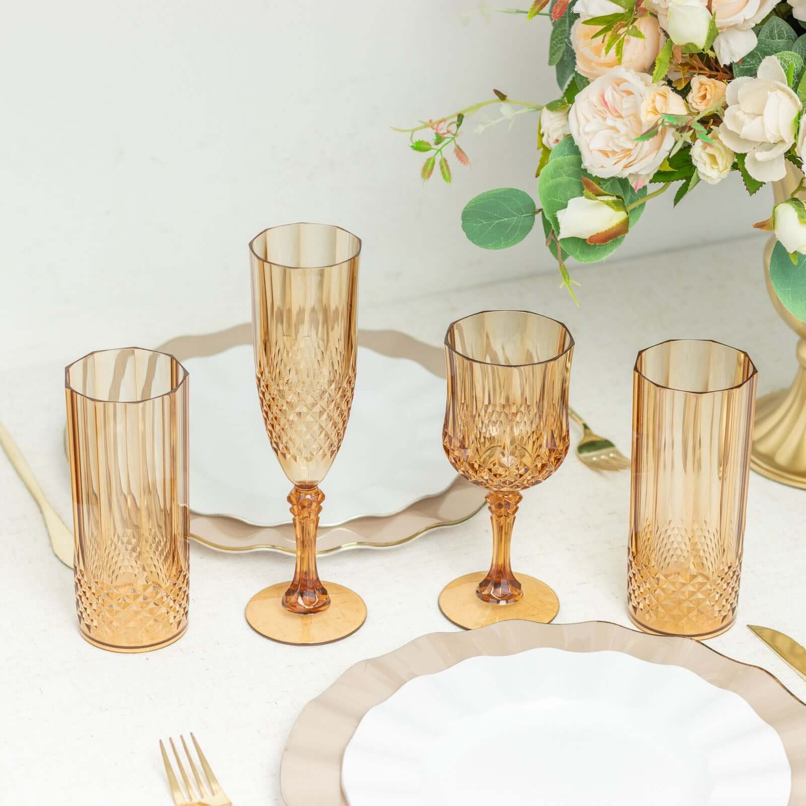 6-Pack Plastic Wedding Toast Flutes Amber Gold Transparent Crystal Cut Style - Reusable Champagne Glasses 8oz