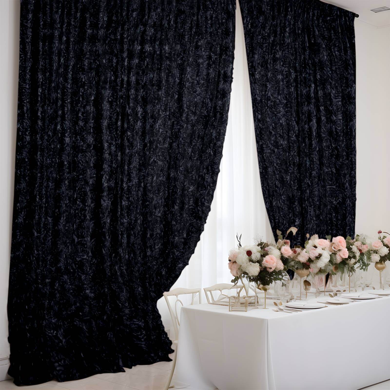 8ftx8ft Black Satin Rosette Event Curtain Drapes, Backdrop Event Panel