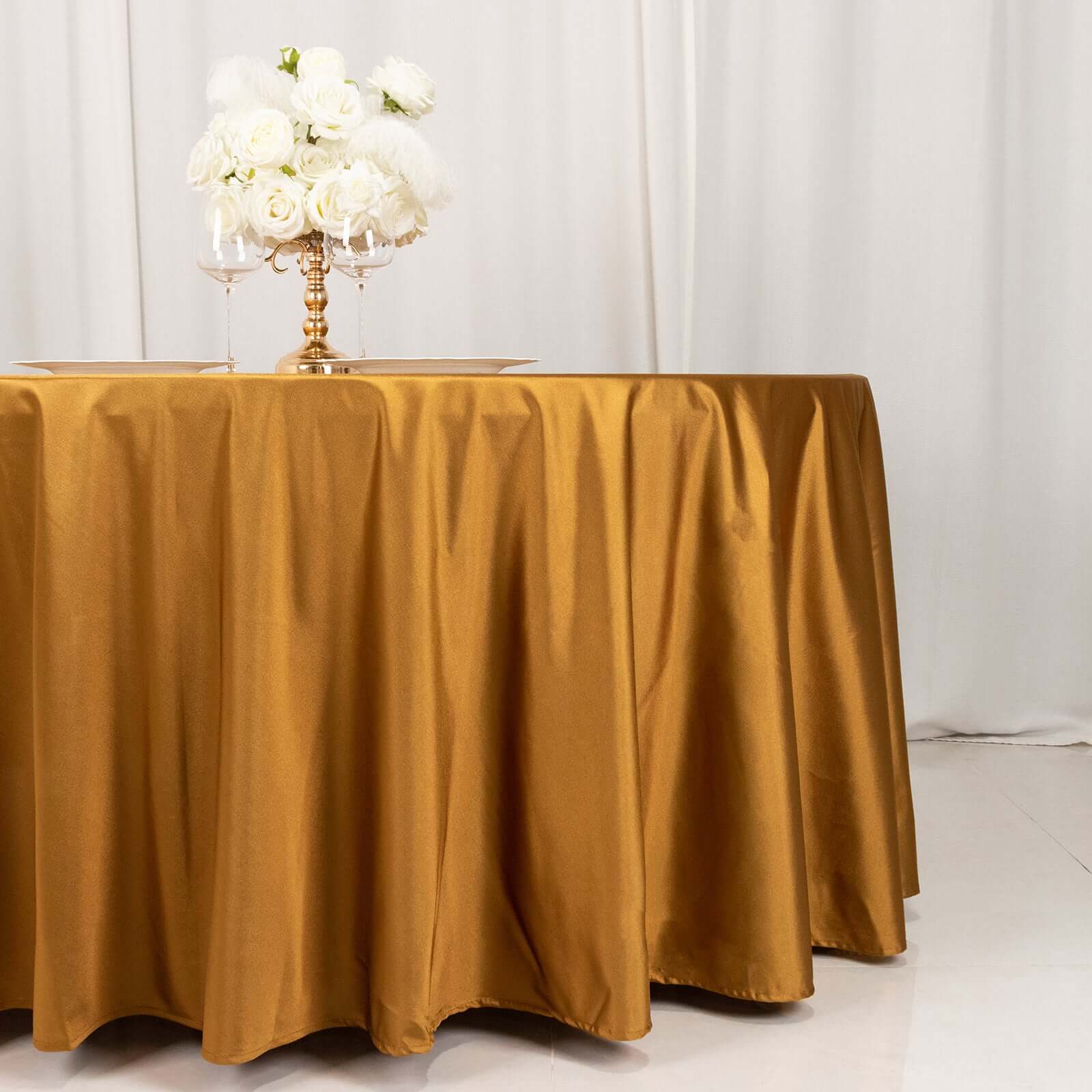 Premium Scuba Round 120 Tablecloth Shimmering Gold - Wrinkle Free, Stain Resistant & Seamless Table Cover for Weddings and Parties