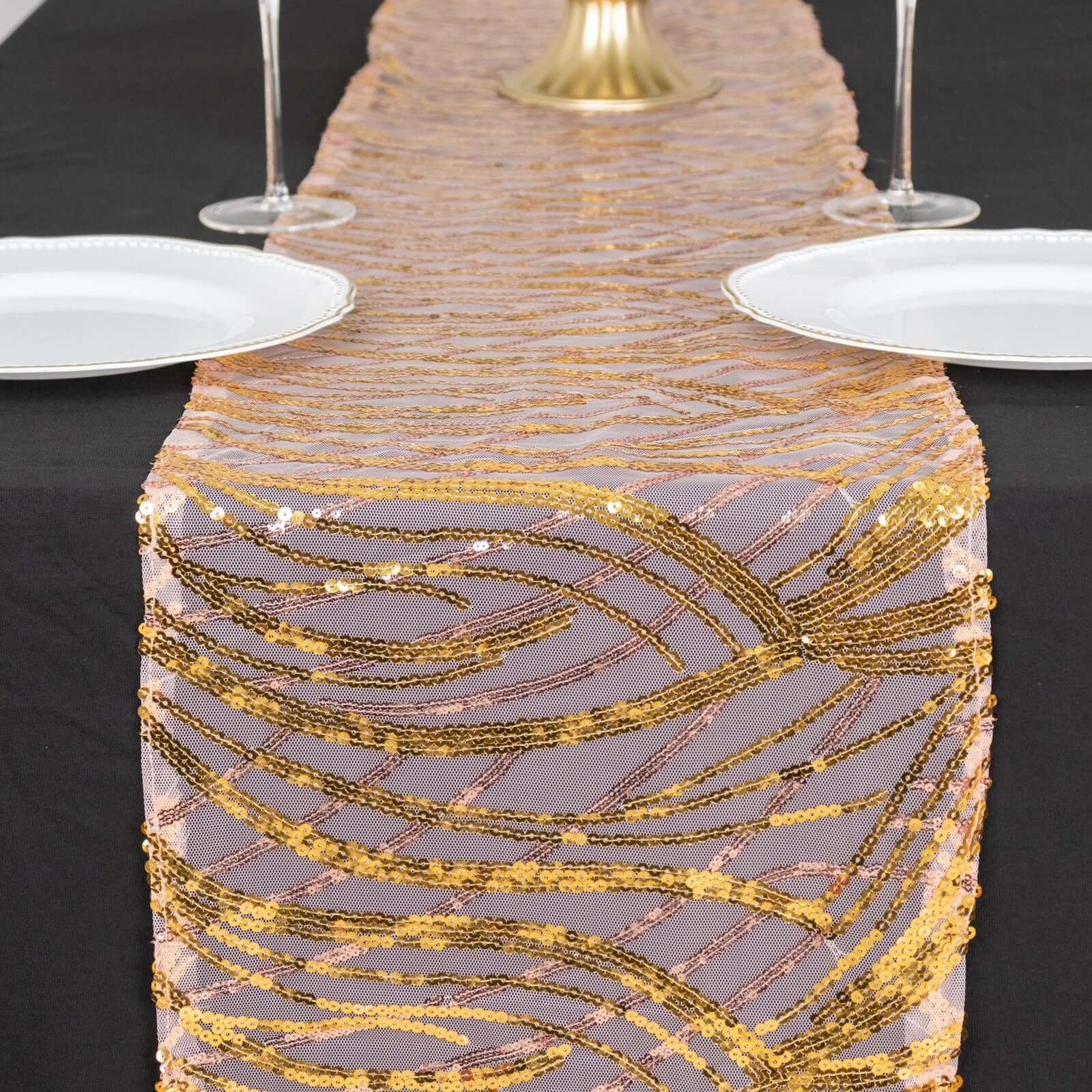 Sequin Mesh 12x108 Table Runner Rose Gold Stylish Wave Embroidery