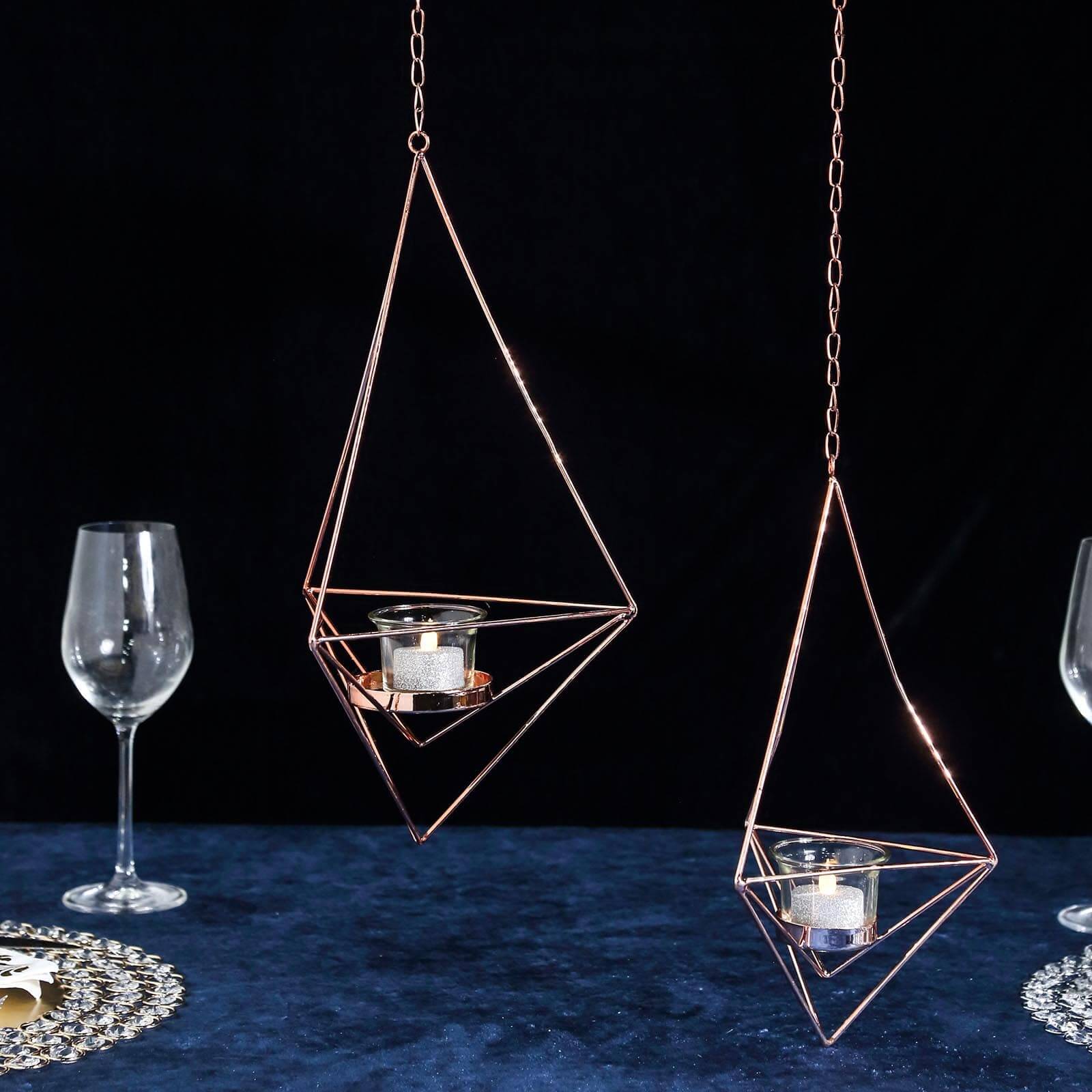 Set of 2 Hanging Tealight Candle Holders Rose Gold Metal Diamond Geometric Open Frame - Flower Terrariums 12, 15