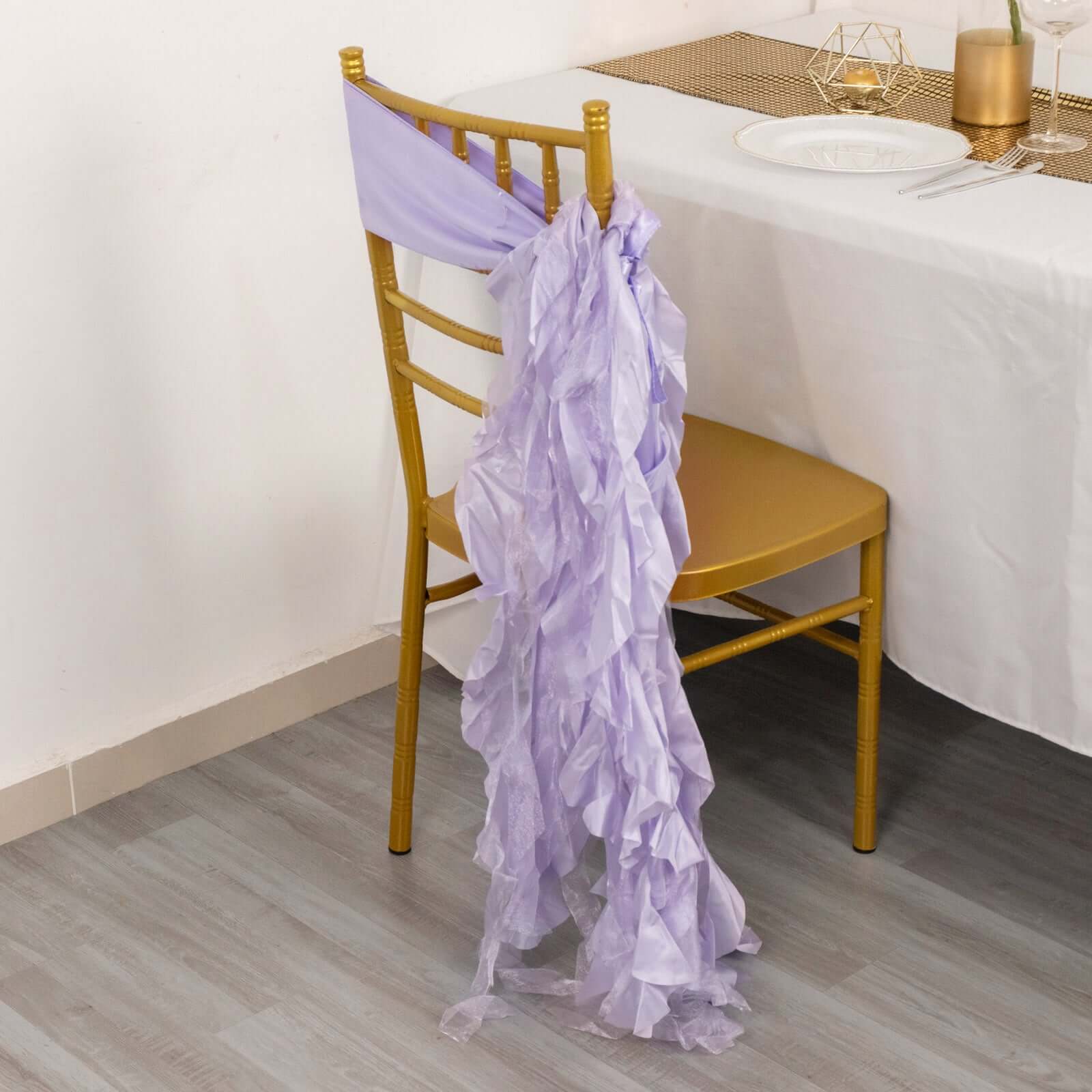 5 Pack Chiffon Satin Chair Sashes Lavender Lilac - Easy to Install Ruffled Curly Willow