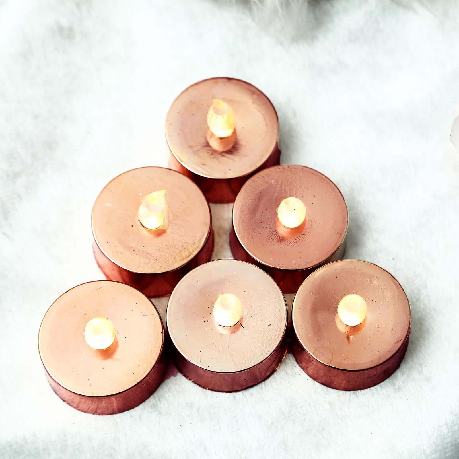 12-Pack LED Tealight Candles Rose Gold Metallic Design - Reusable Flameless Battery Operated Lights