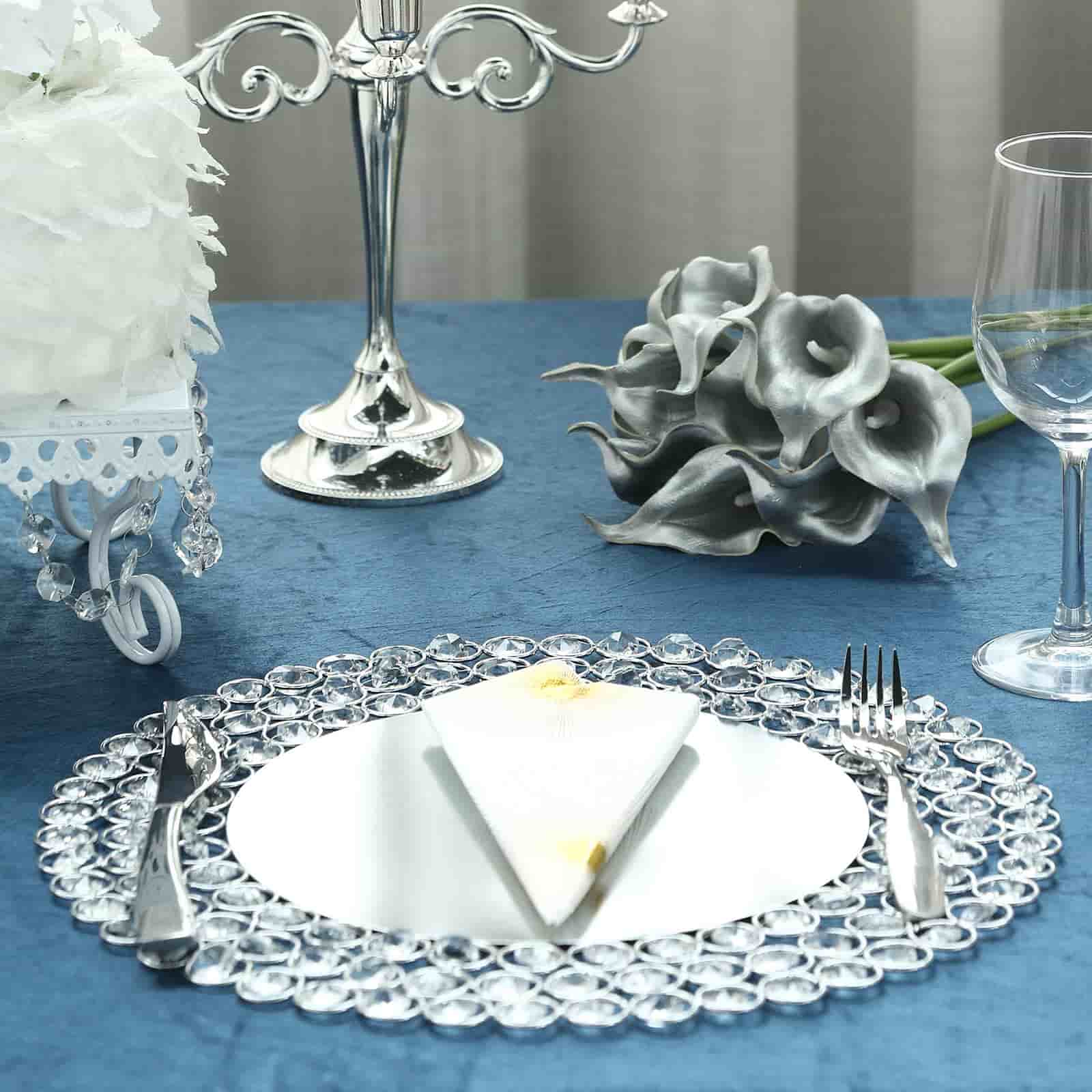 Wired Metal Round Charger Plate 14 in SIlver with Acrylic Crystal Beads, Glamorous Decorative Dinner Charger Tableware