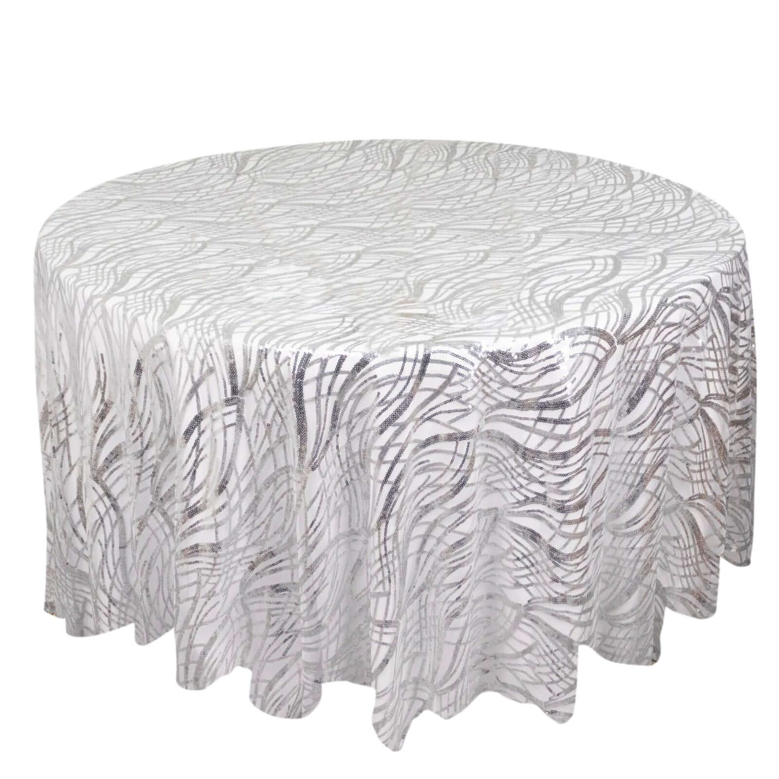 Sequin Mesh 120 Round Tablecloth Silver - Seamless Wave Embroidered Table Cover