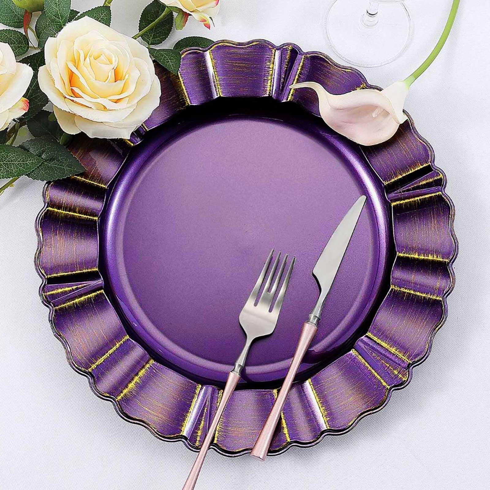 6-Pack Acrylic Plastic Round Charger Plates 13 in Purple with Gold Brushed Wavy Scalloped Rim, Decorative Dinner Party Charger Tableware