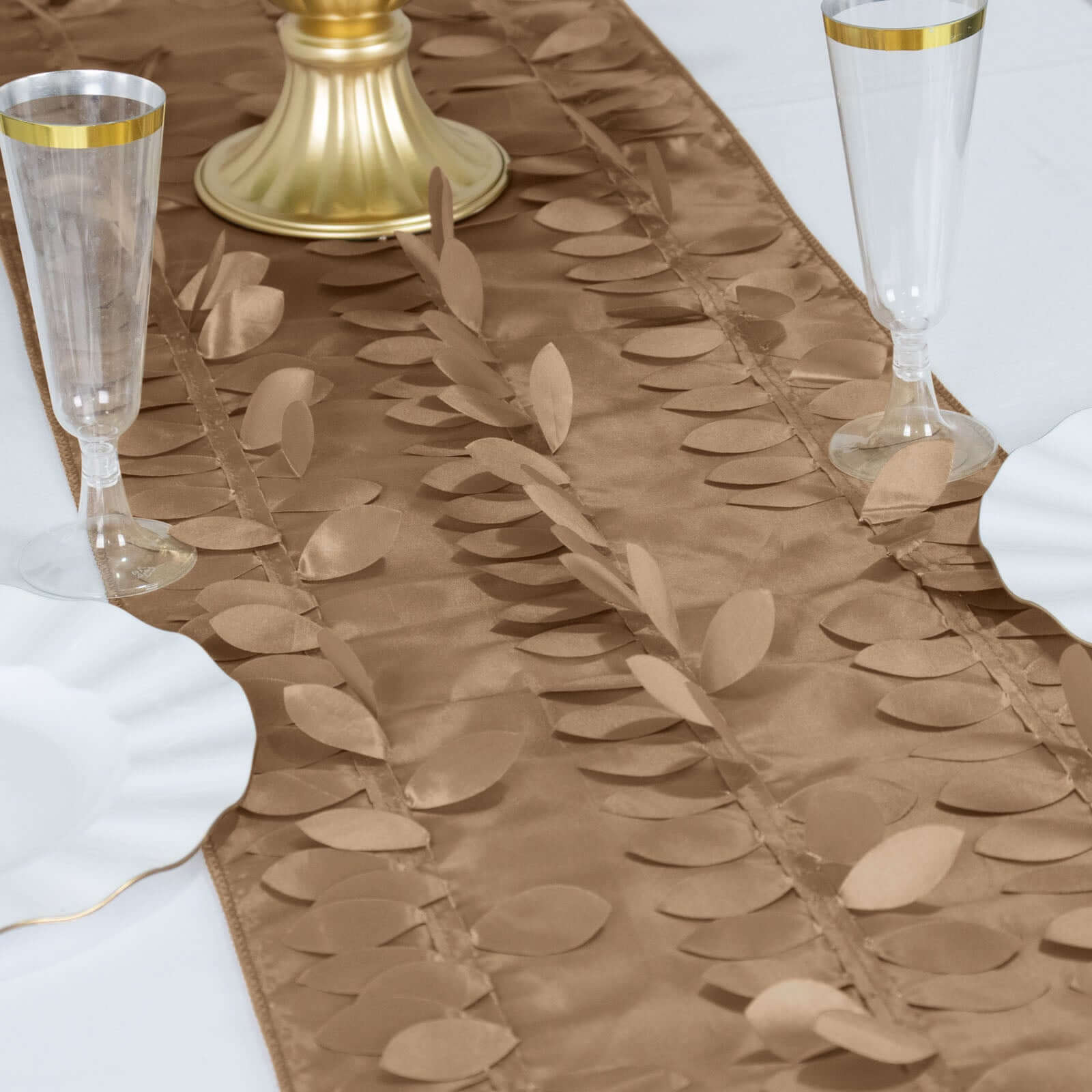 Taffeta Fabric 12x108 Table Runner Taupe - 3D Leaf Petal Design