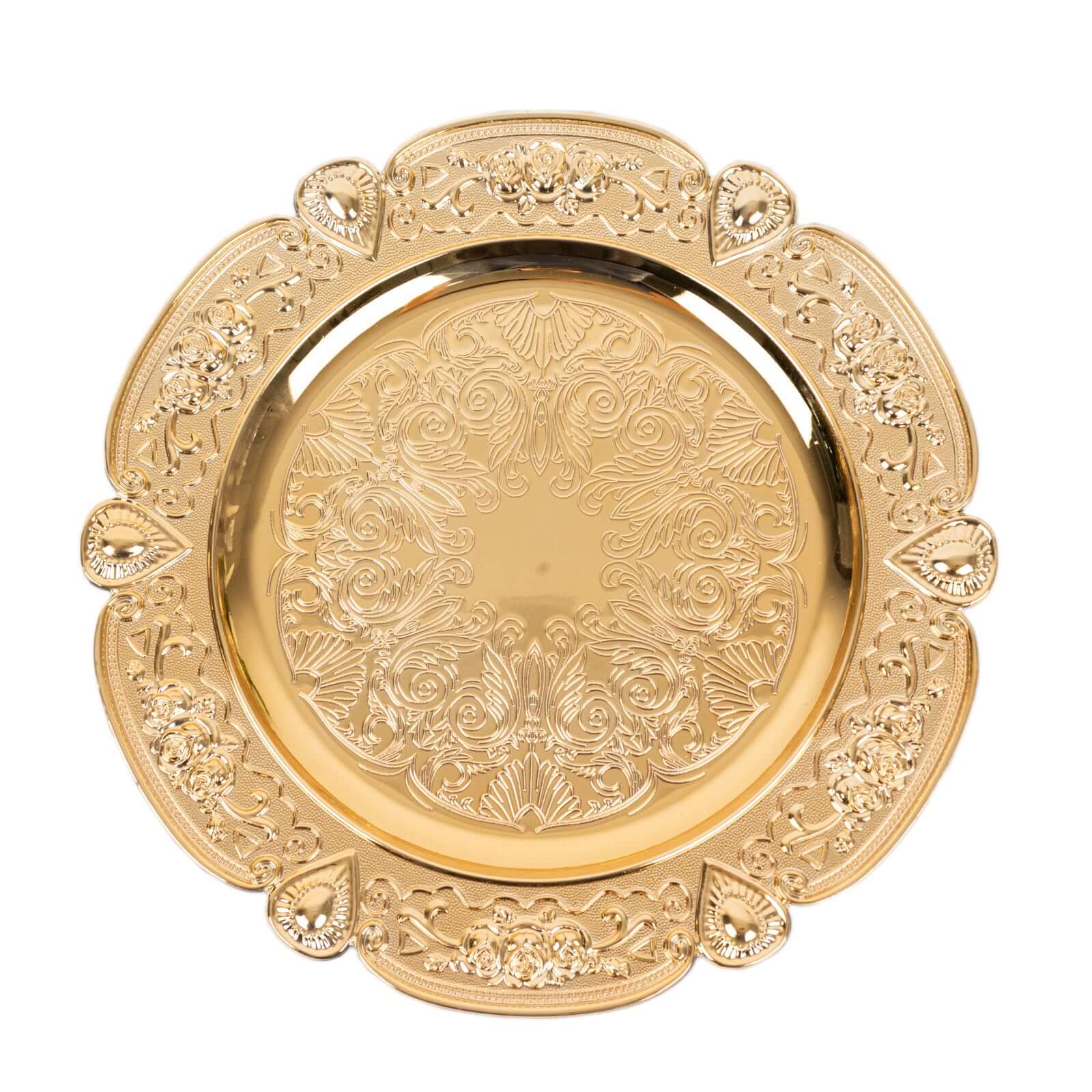 6-Pack Acrylic Round Charger Plates 13 in Gold Floral Embossed with Scalloped Rim, Plastic Decorative Charger Tableware