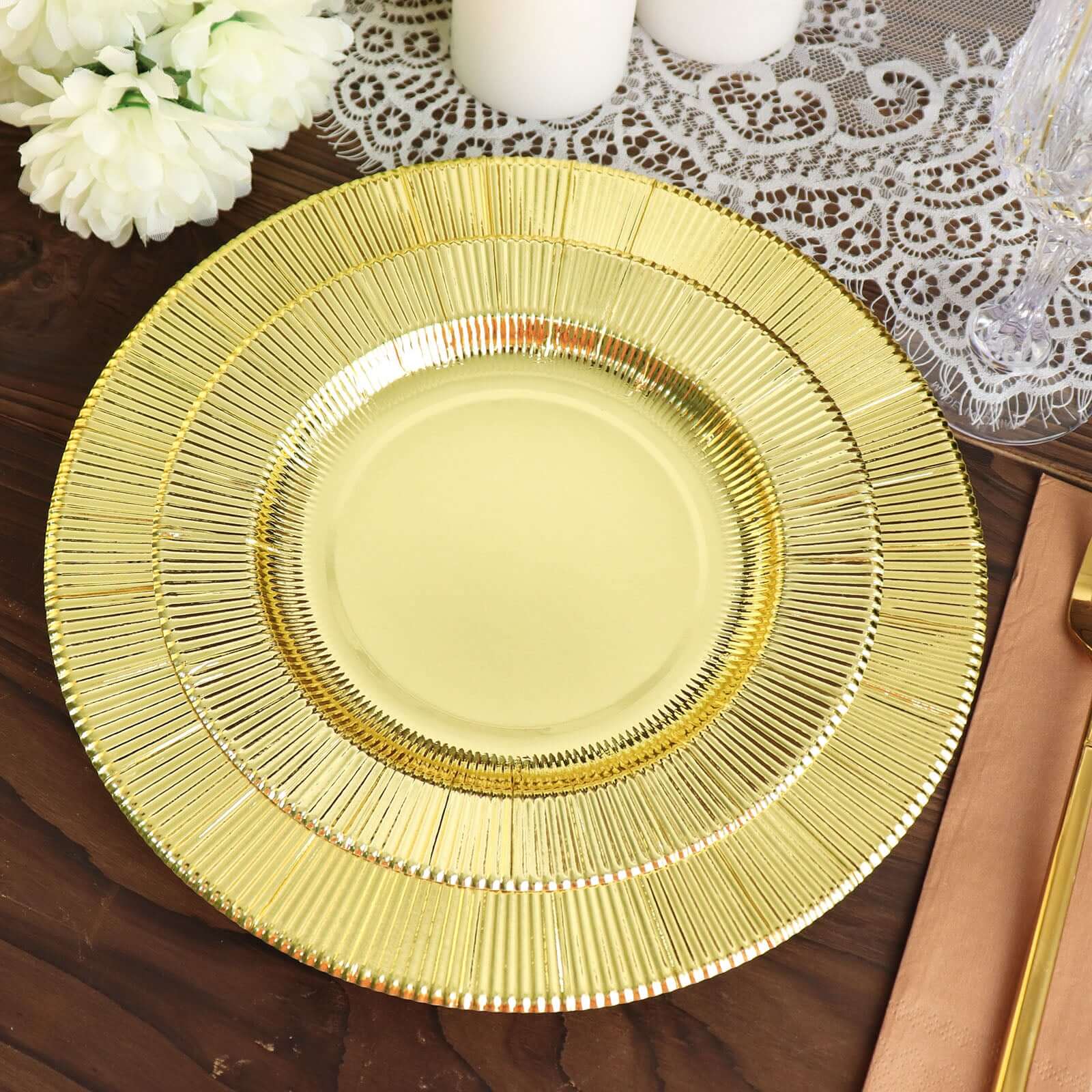 25-Pack Paper 10 Round Dinner Plates in Metallic Gold Sunray Design - Disposable Heavy Duty 350GSM Party Plates