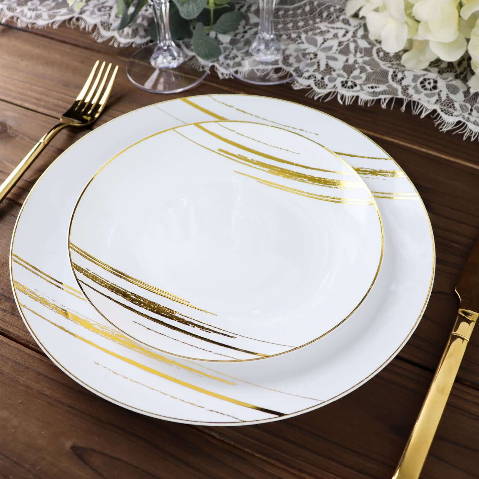 10-Pack Plastic 7 Round Dessert Plates in White with Gold Brush Stroked Print - Disposable Appetizer Salad Plates