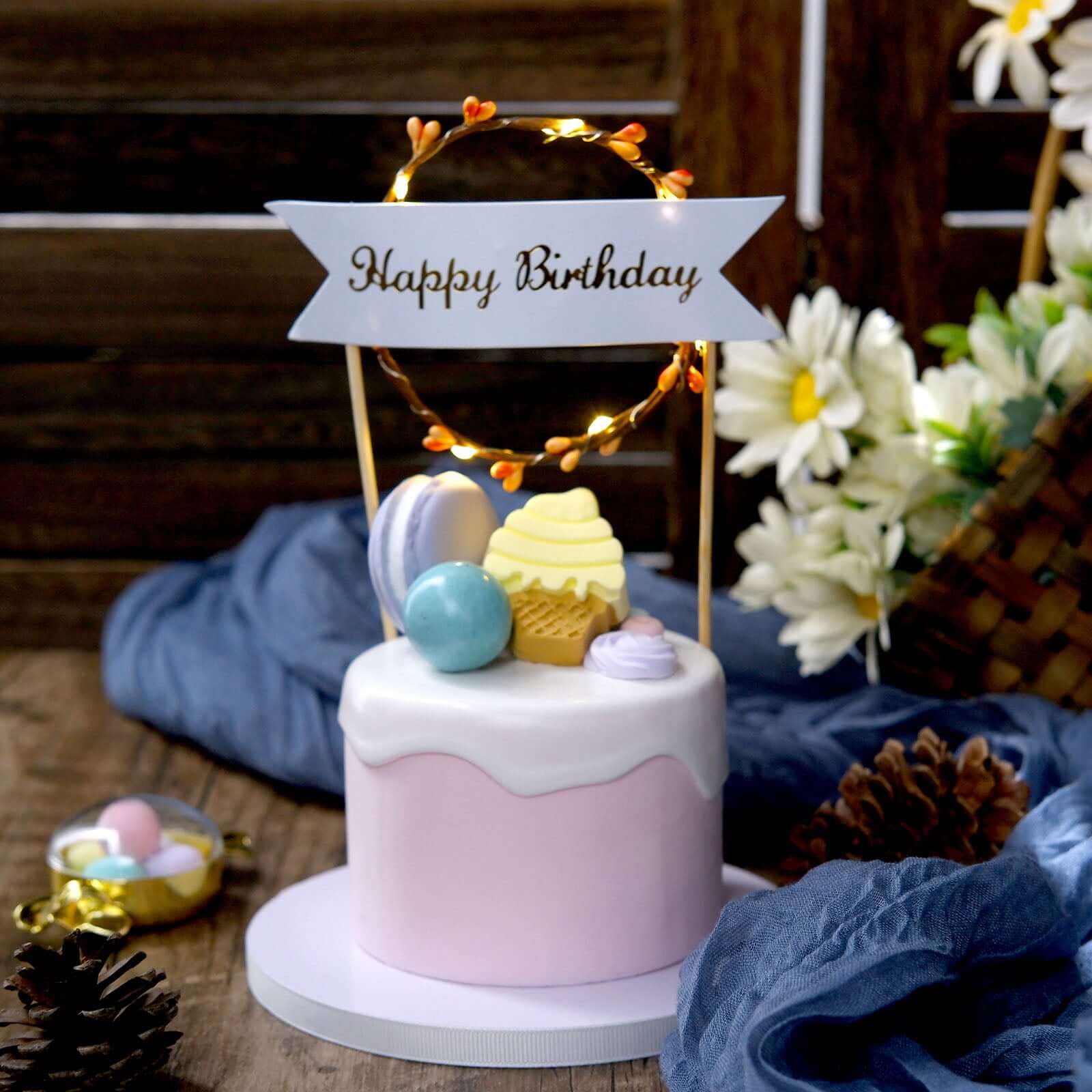 Light Up Happy Birthday Cake Topper Warm White LED - Luminous Blinking Mini Wreath Cake Decoration for Glamorous Birthday Parties & Events