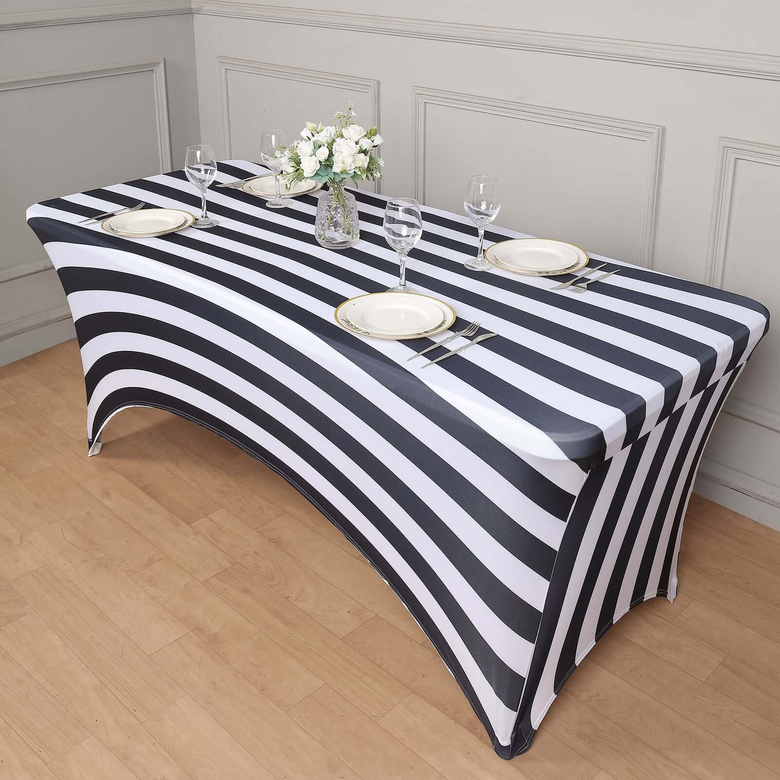 Stretch Spandex 72x30 Rectangle Tablecloth Black/White Vertical Stripes - Durable Form-Fitting Table Cover for Events & Presentations