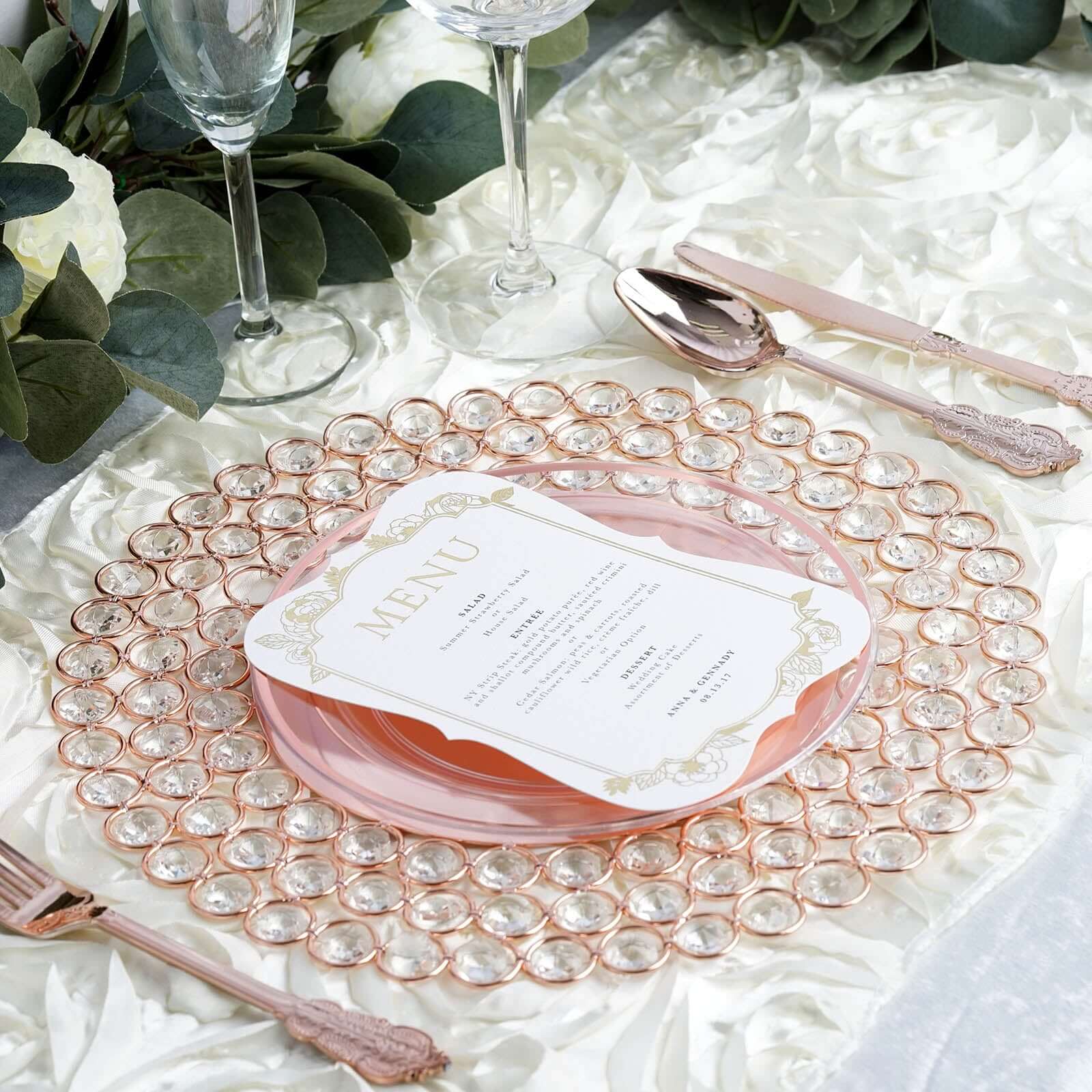 Wired Metal Round Charger Plate 14 in Rose Gold with Acrylic Crystal Beads, Glamorous Decorative Dinner Charger Tableware