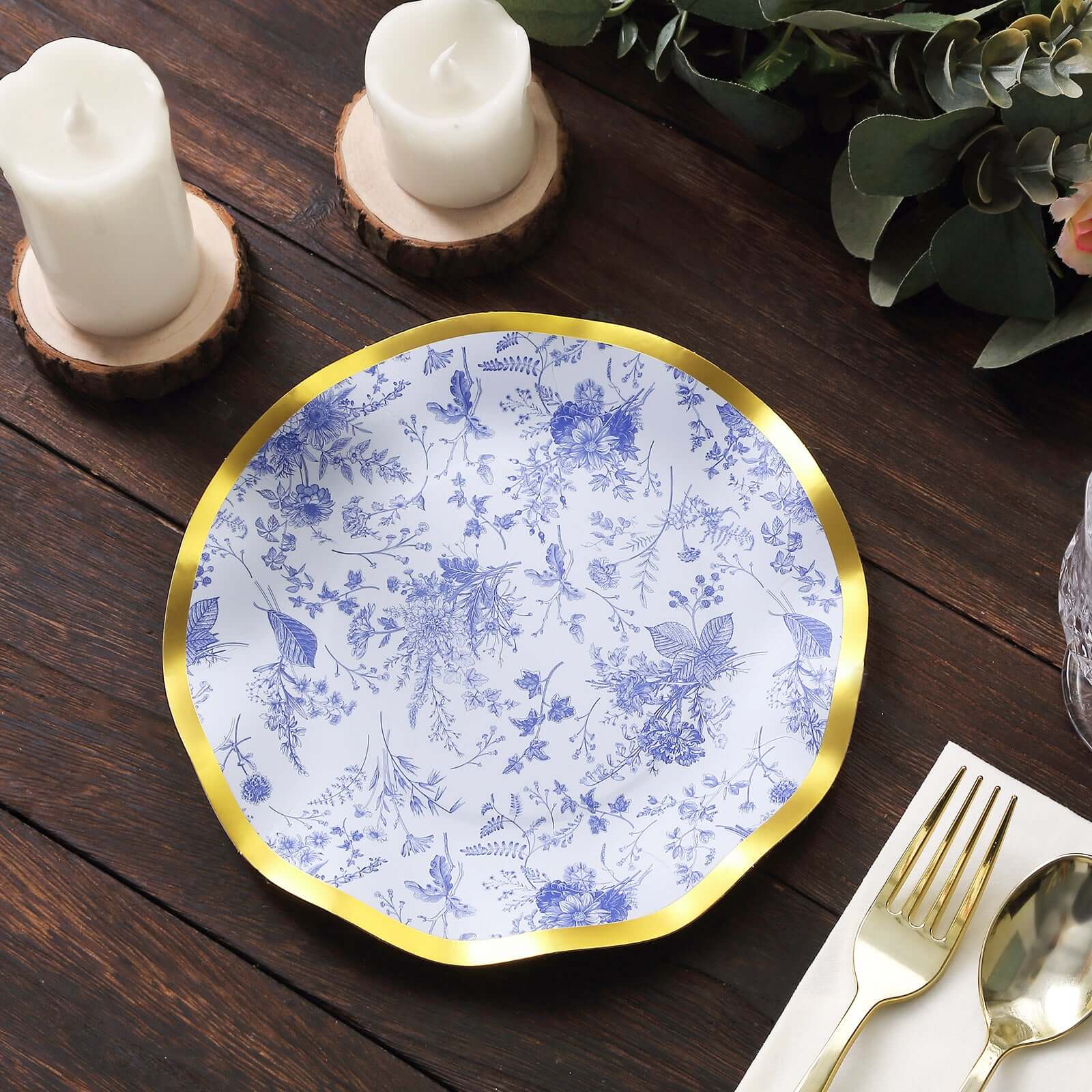 25-Pack Paper Round Dessert Plates 8 in White with Blue French Toile Pattern & Gold Wavy Rim - Disposable 350GSM Salad Plates