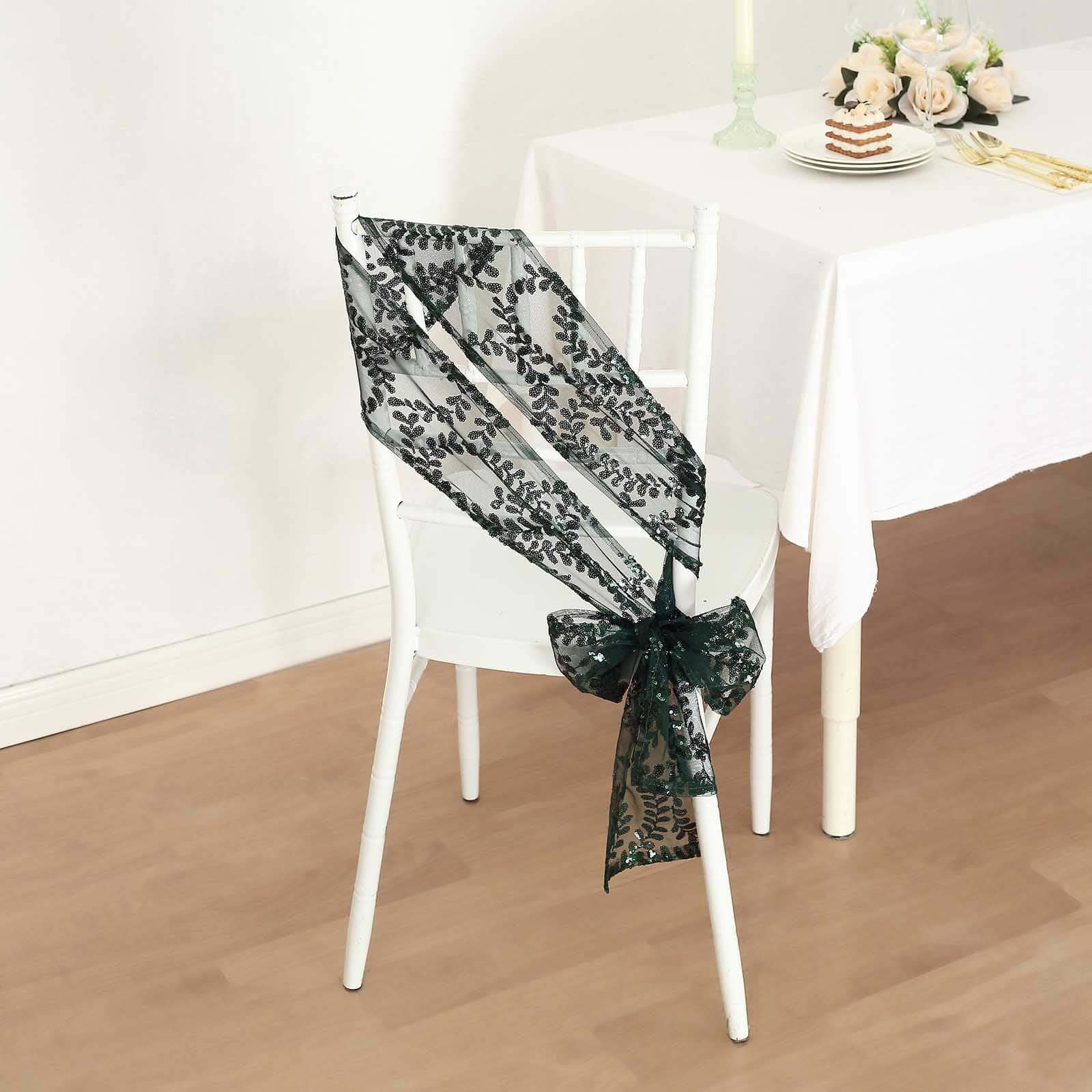 5 Pack Tulle Chair Sashes with Leaf Vine Embroidered Sequins Hunter Emerald Green 6x88