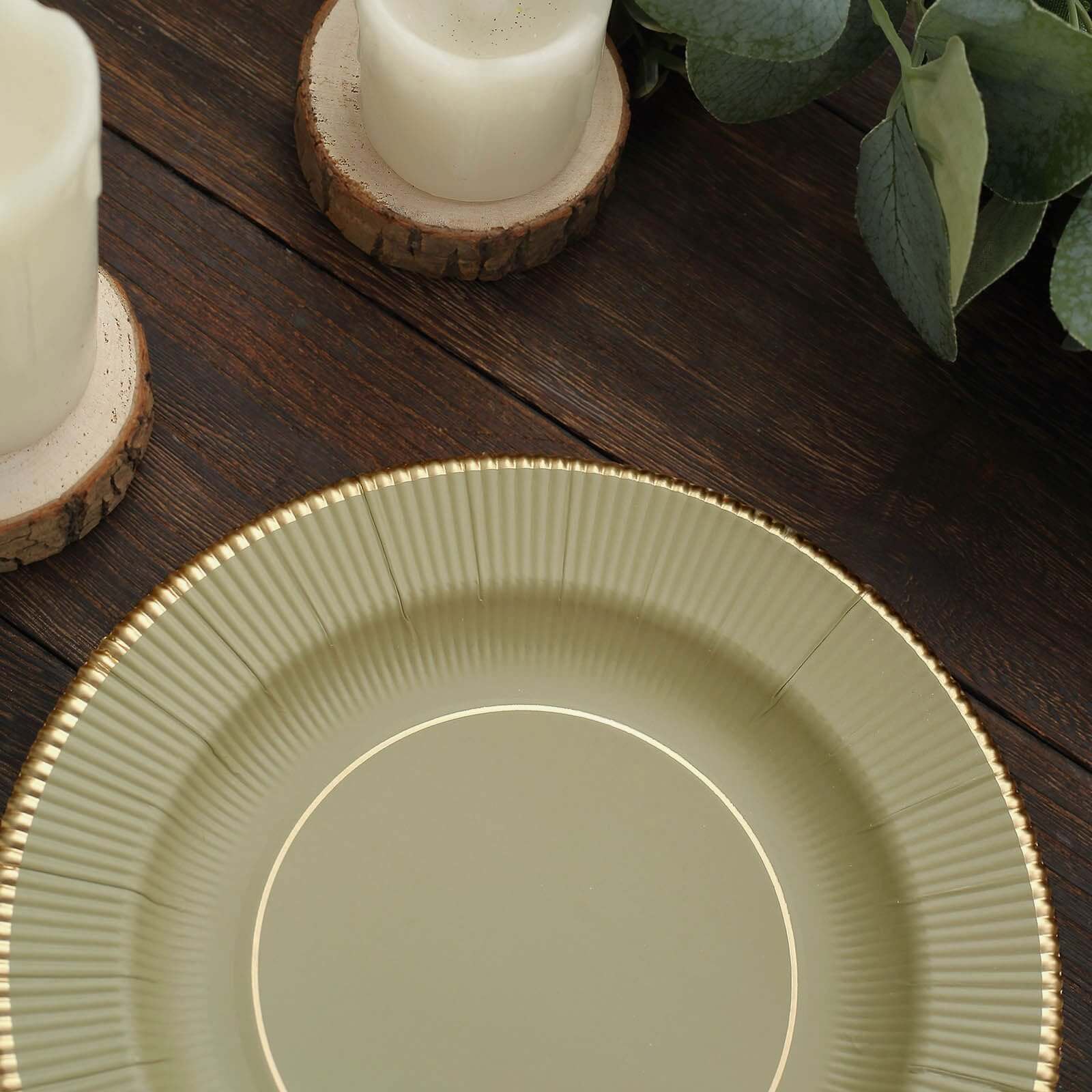 25-Pack Paper 8 Round Dessert Plates in Khaki Sunray Design with Gold Rim - Disposable Heavy Duty 350GSM Appetizer Salad Plates