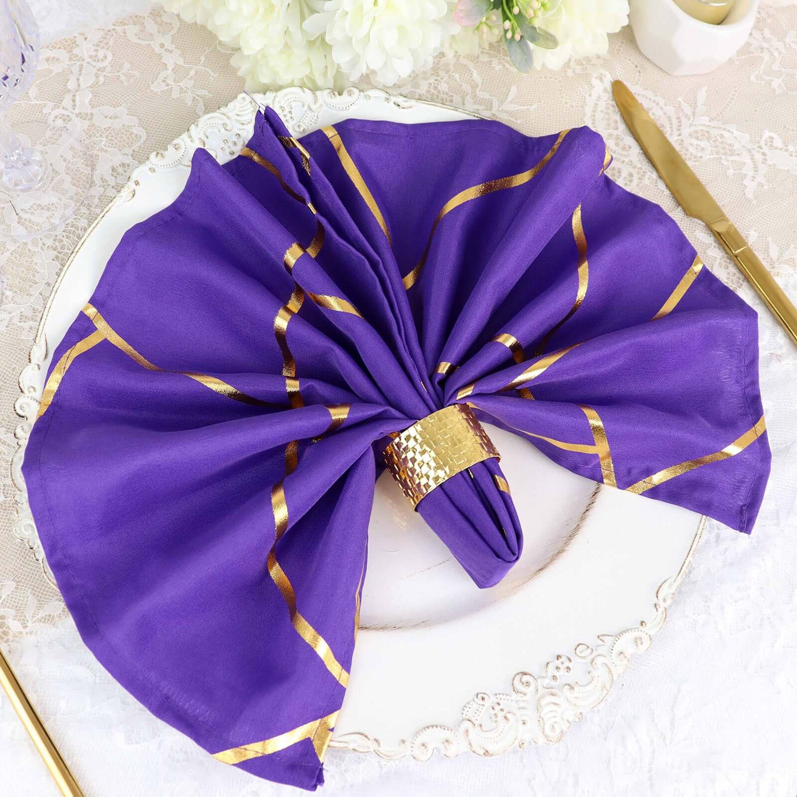 5 Pack Polyester 20x20 Napkins Purple with Gold Geometric Foil Pattern - Modern Reusable Dinner Napkins