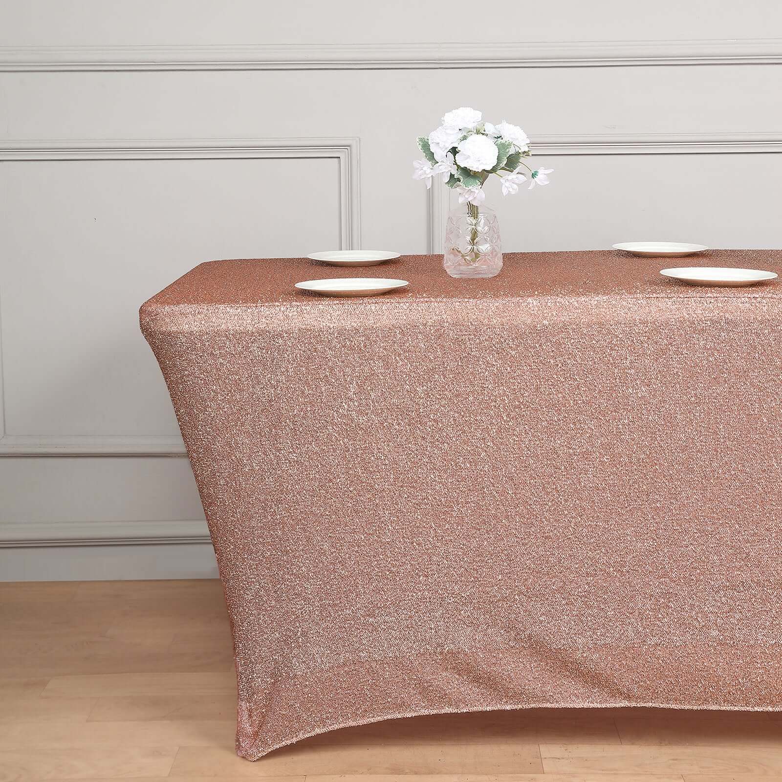 Shimmer Tinsel Spandex 72x30 Rectangle Tablecloth Metallic Rose Gold Glittered Shiny Stretch Table Cover for Gleaming Event Decor