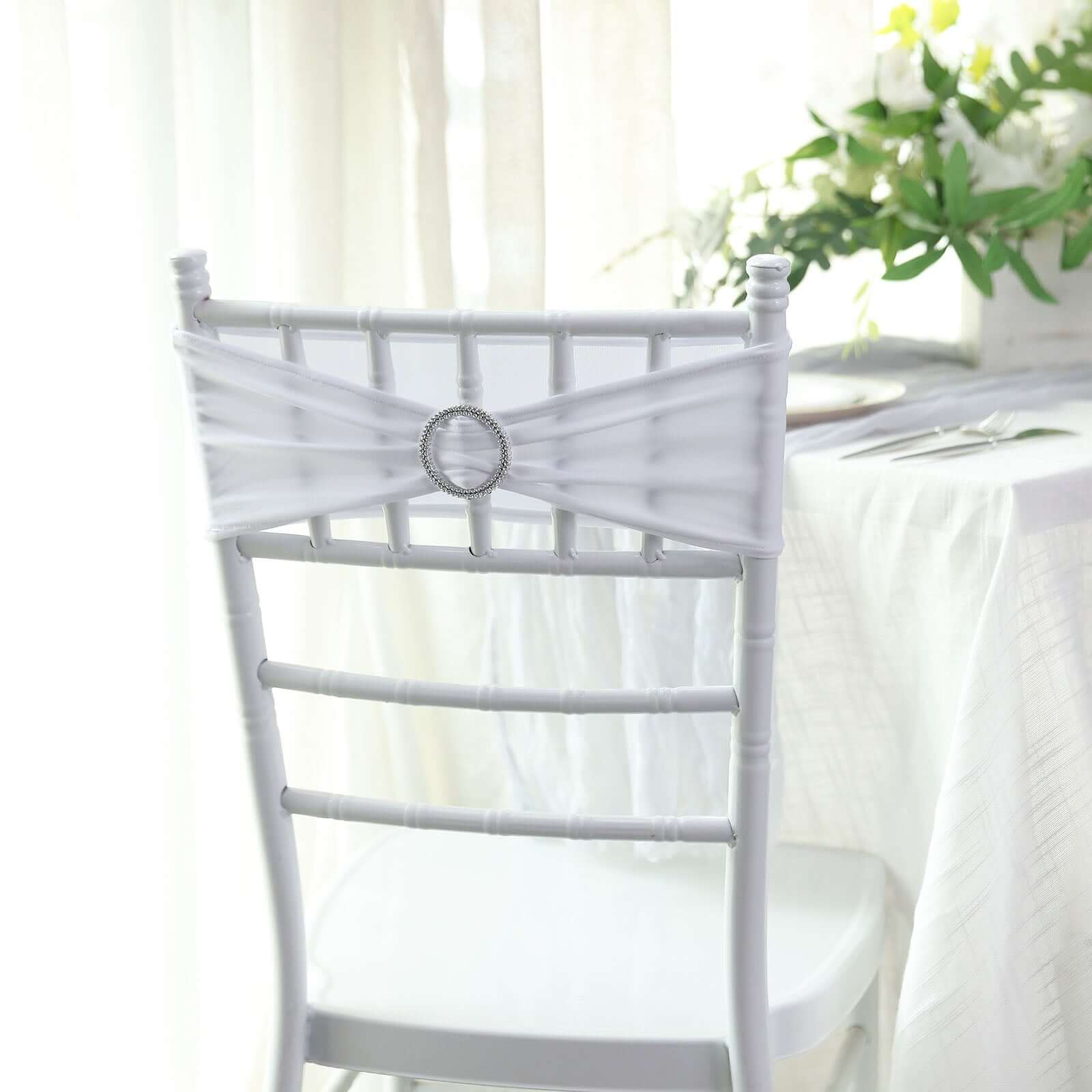 5 Pack Stretch Spandex Chair Sashes White - Classy Reusable Chair Bands with Silver Diamond Ring Slide Buckle 5x14