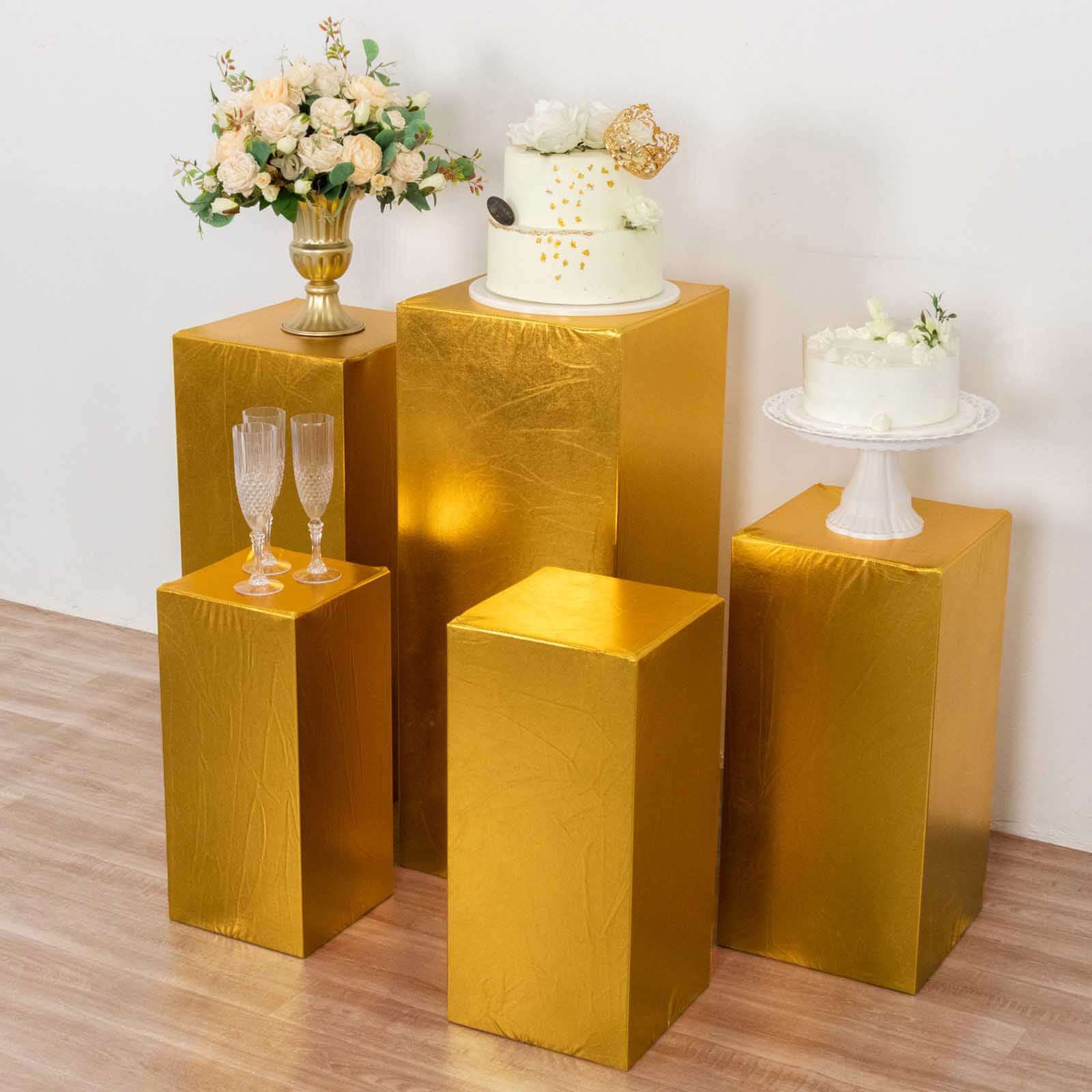 Set of 5 Metallic Gold Spandex Rectangle Pedestal Stand Covers, Stretchable Pillar Prop Covers - 160 GSM